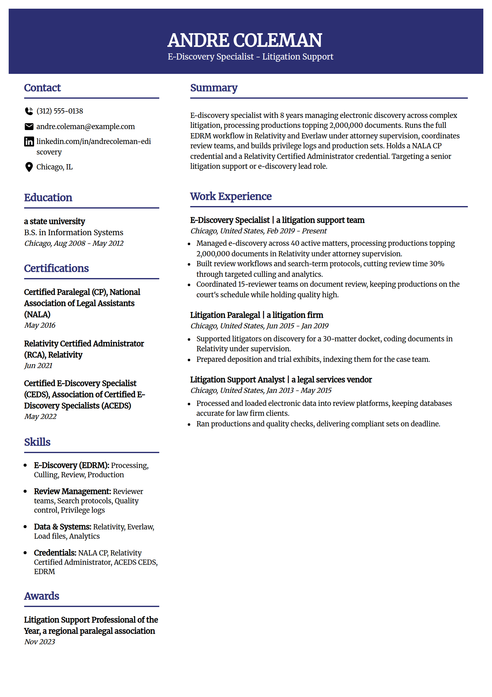 E-discovery specialist resume example in the Visionary template