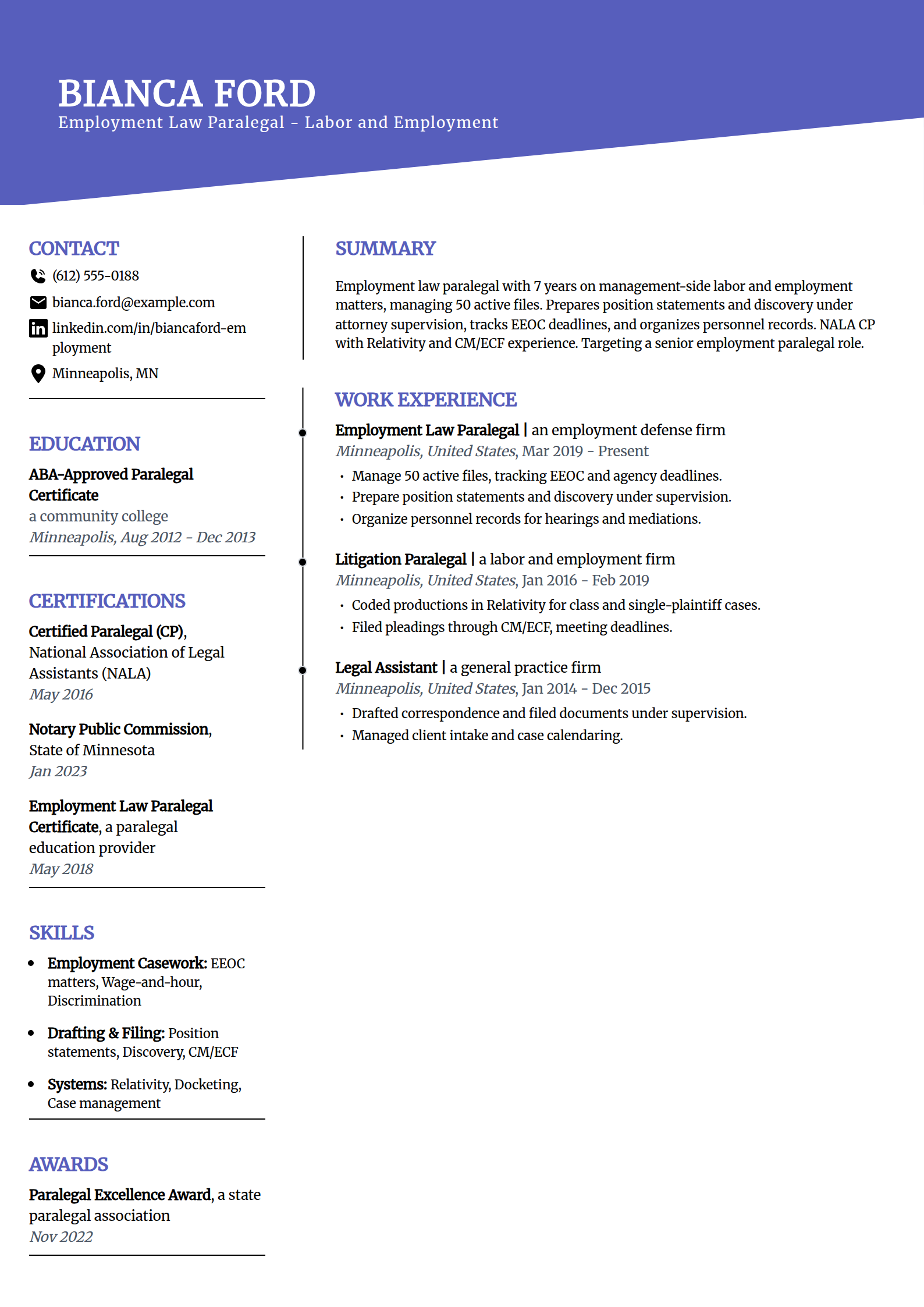 Employment law paralegal resume example in the Orbit template