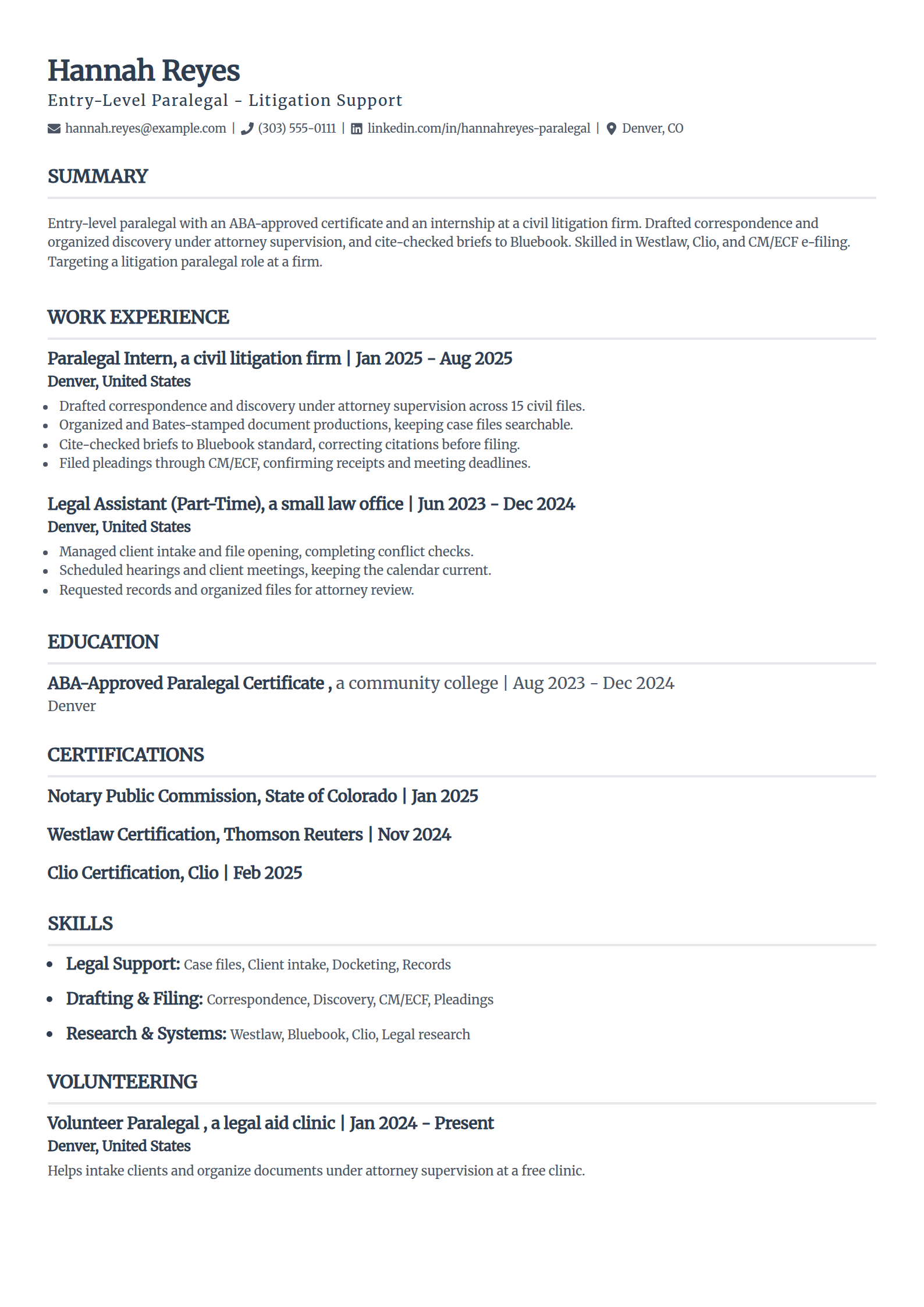 Entry-level paralegal resume example in the Classic template