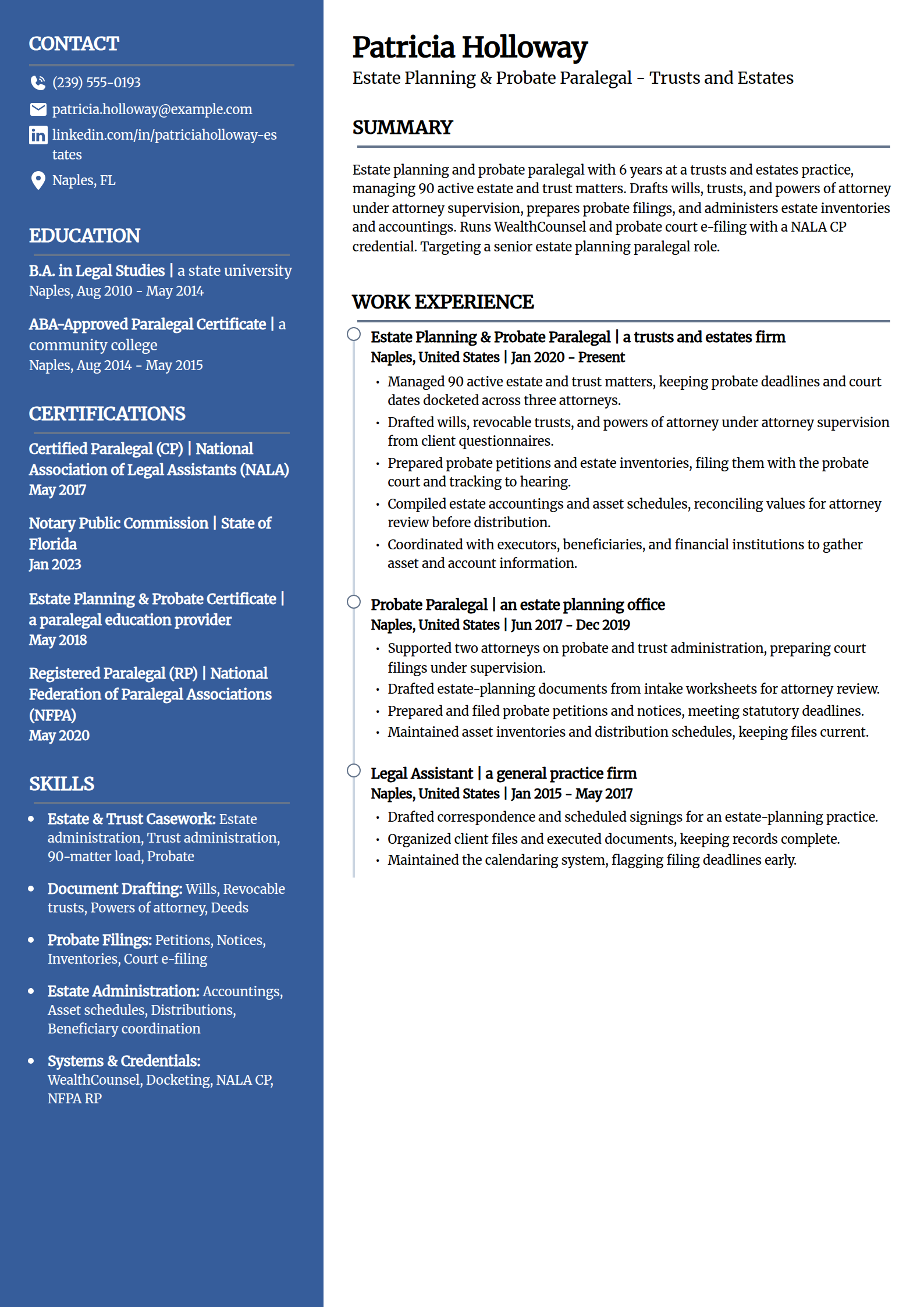 Estate planning and probate paralegal resume example in the Creative template