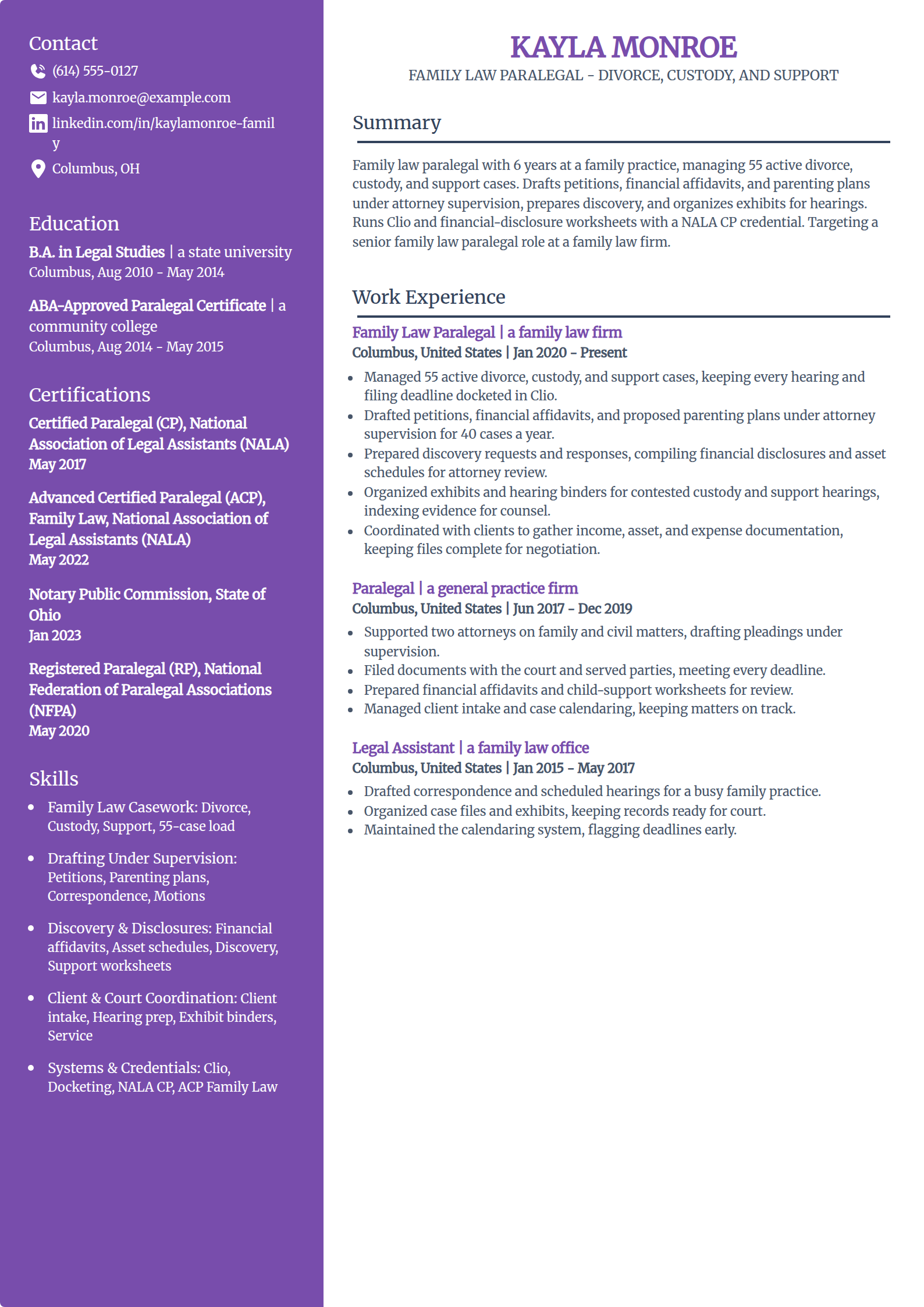 Family law paralegal resume example in the Pioneer template