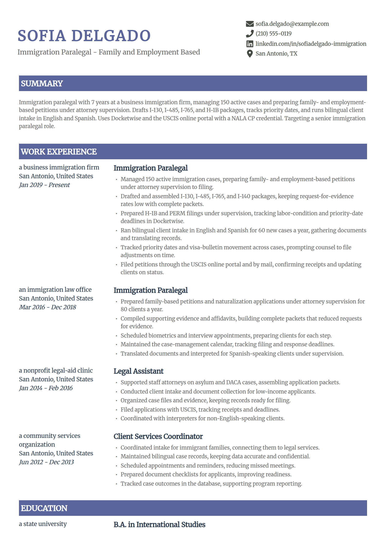 Immigration paralegal resume example in the Catalyst template