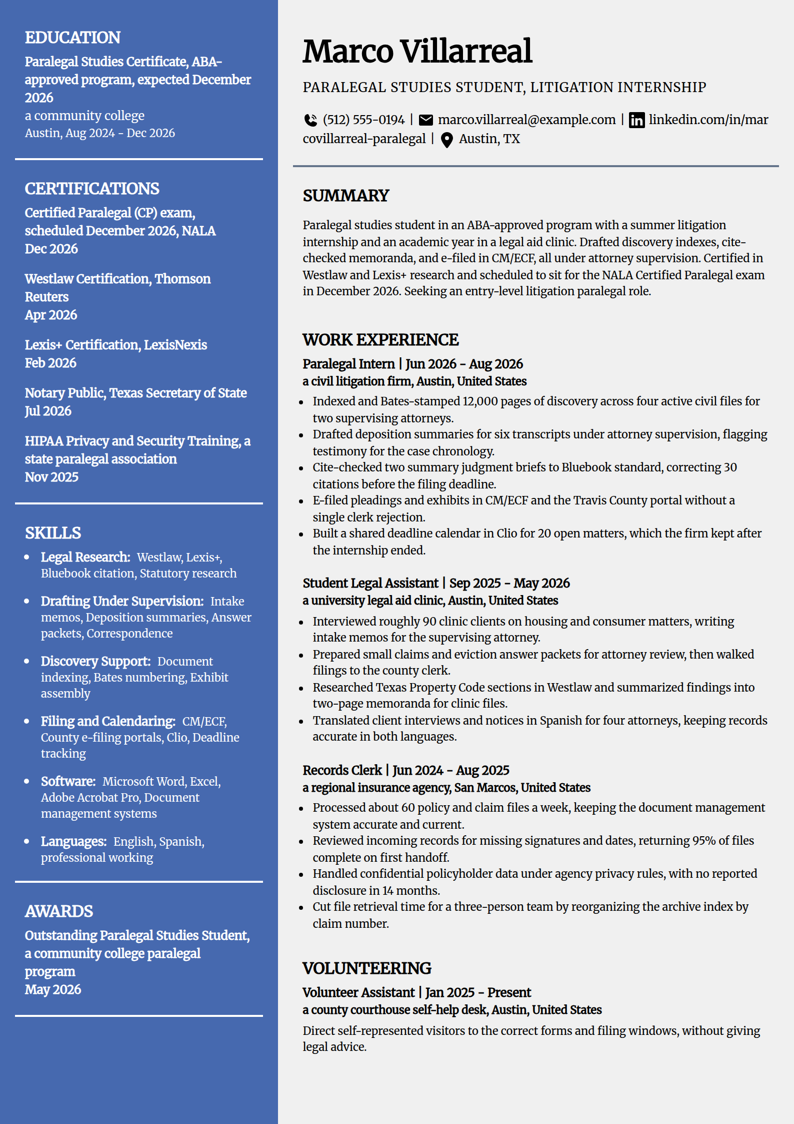 Paralegal student internship resume example in the Innovative template
