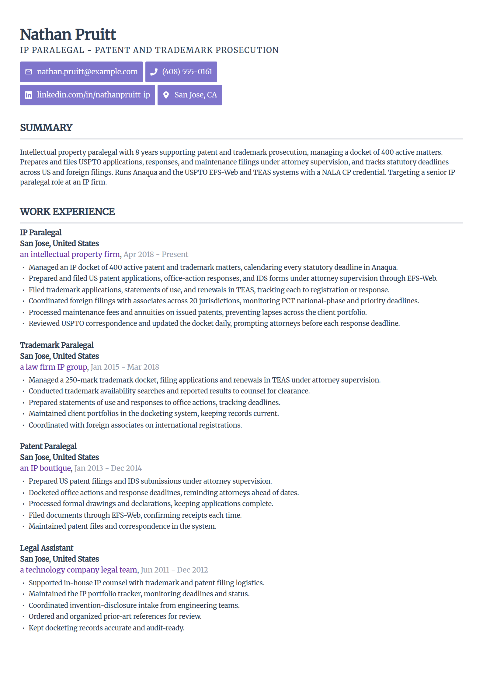 IP paralegal resume example in the Sleek Framework template