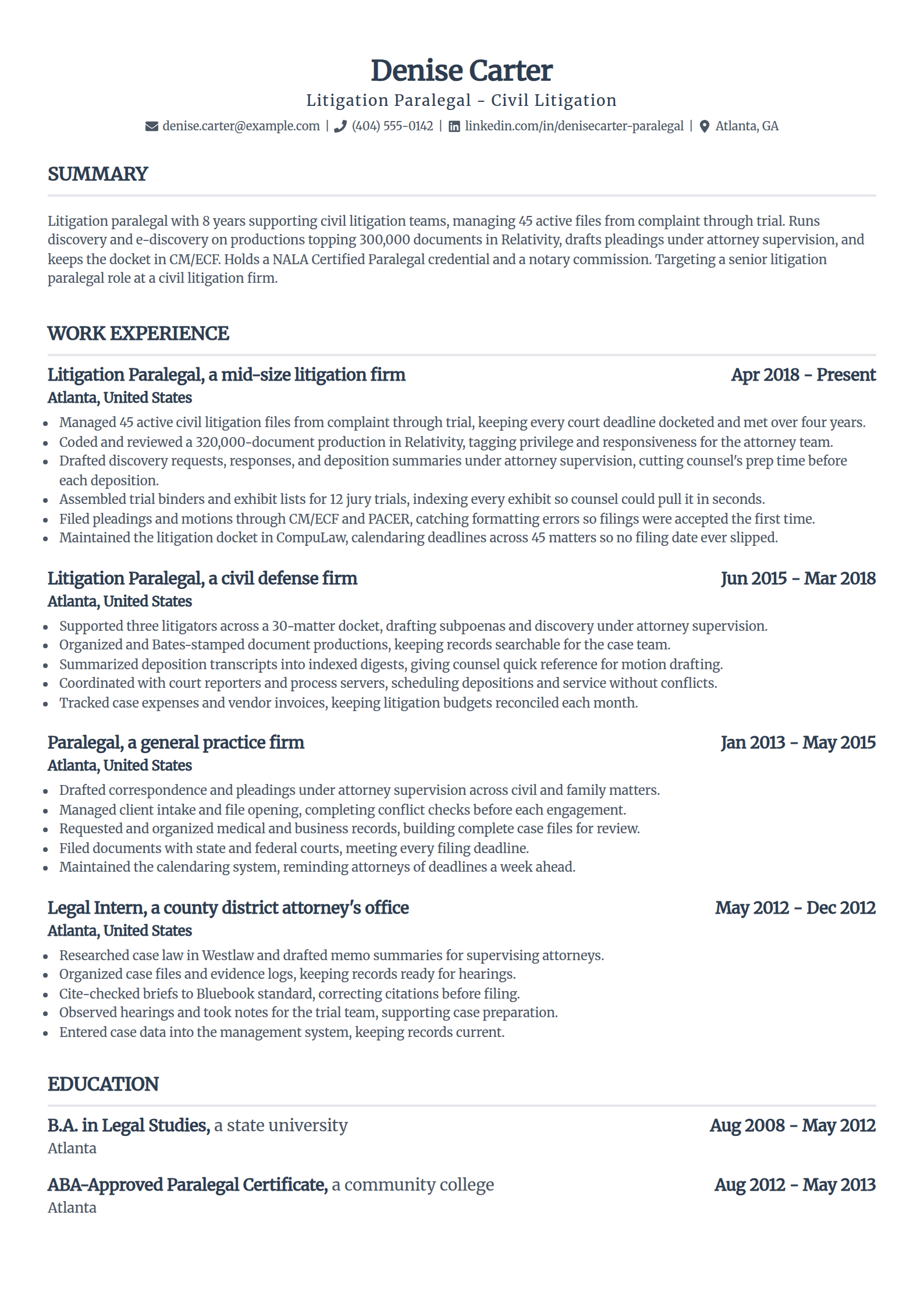 Litigation paralegal resume example in the Standard template