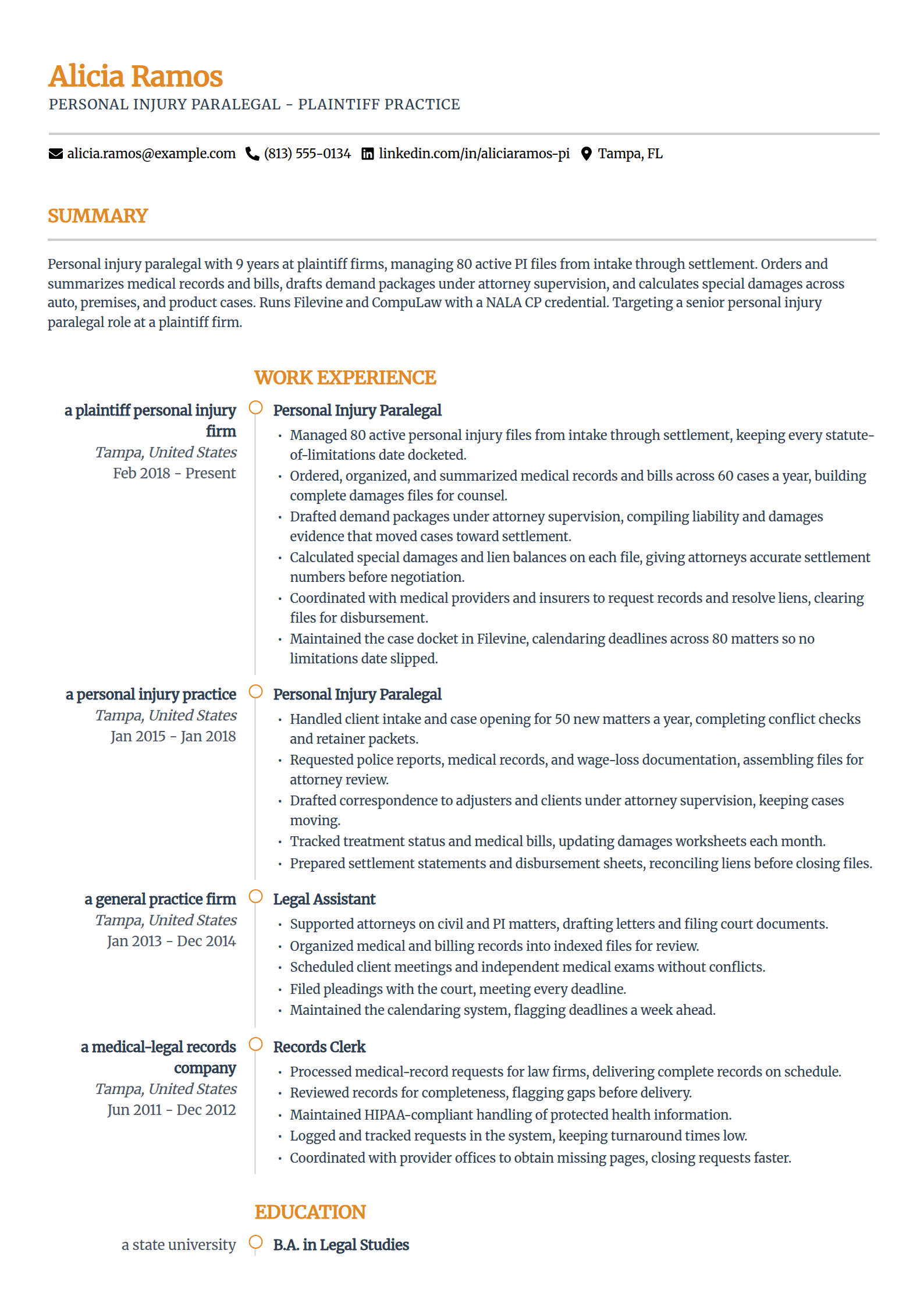Personal injury paralegal resume example in the Zenith template