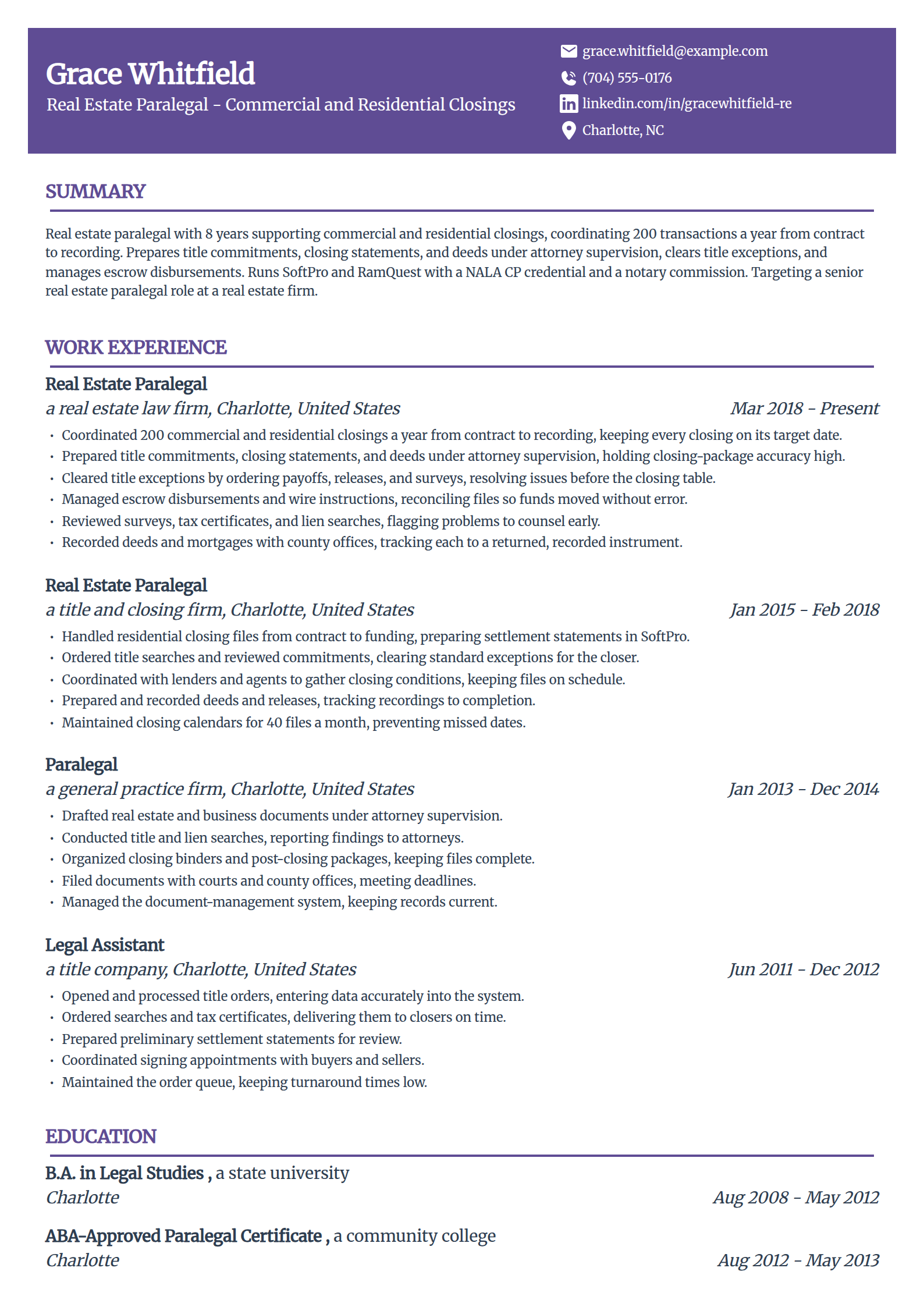 Real estate paralegal resume example in the Panorama template