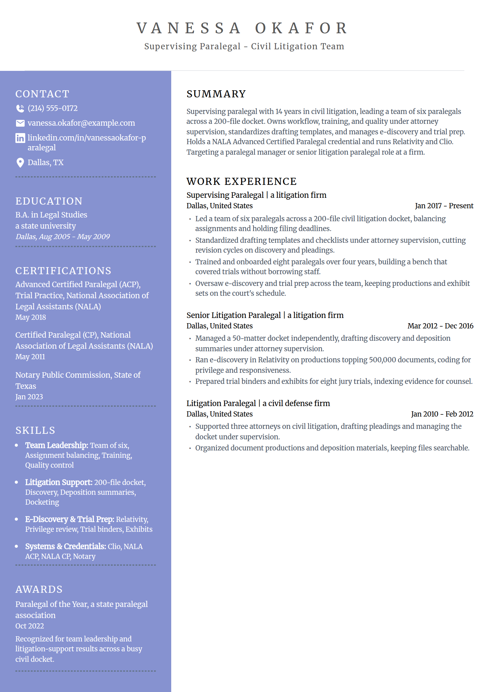 Senior supervising paralegal resume example in the Luminary template
