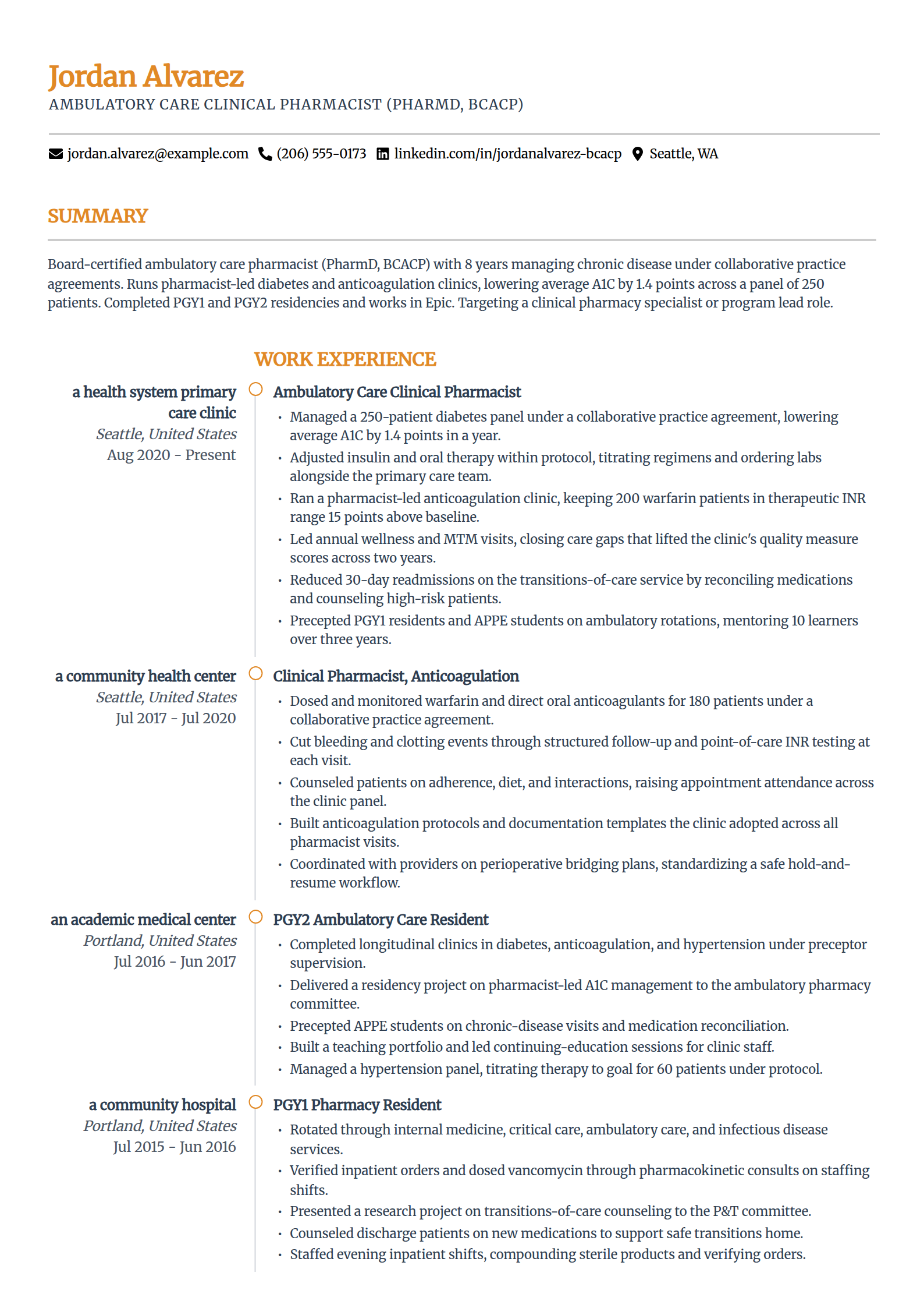 Ambulatory care clinical pharmacist resume example in the Zenith template