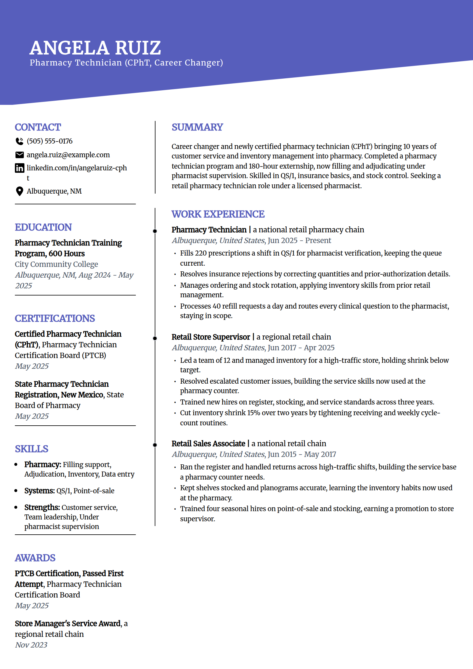 Career-change pharmacy technician resume example in the Orbit template