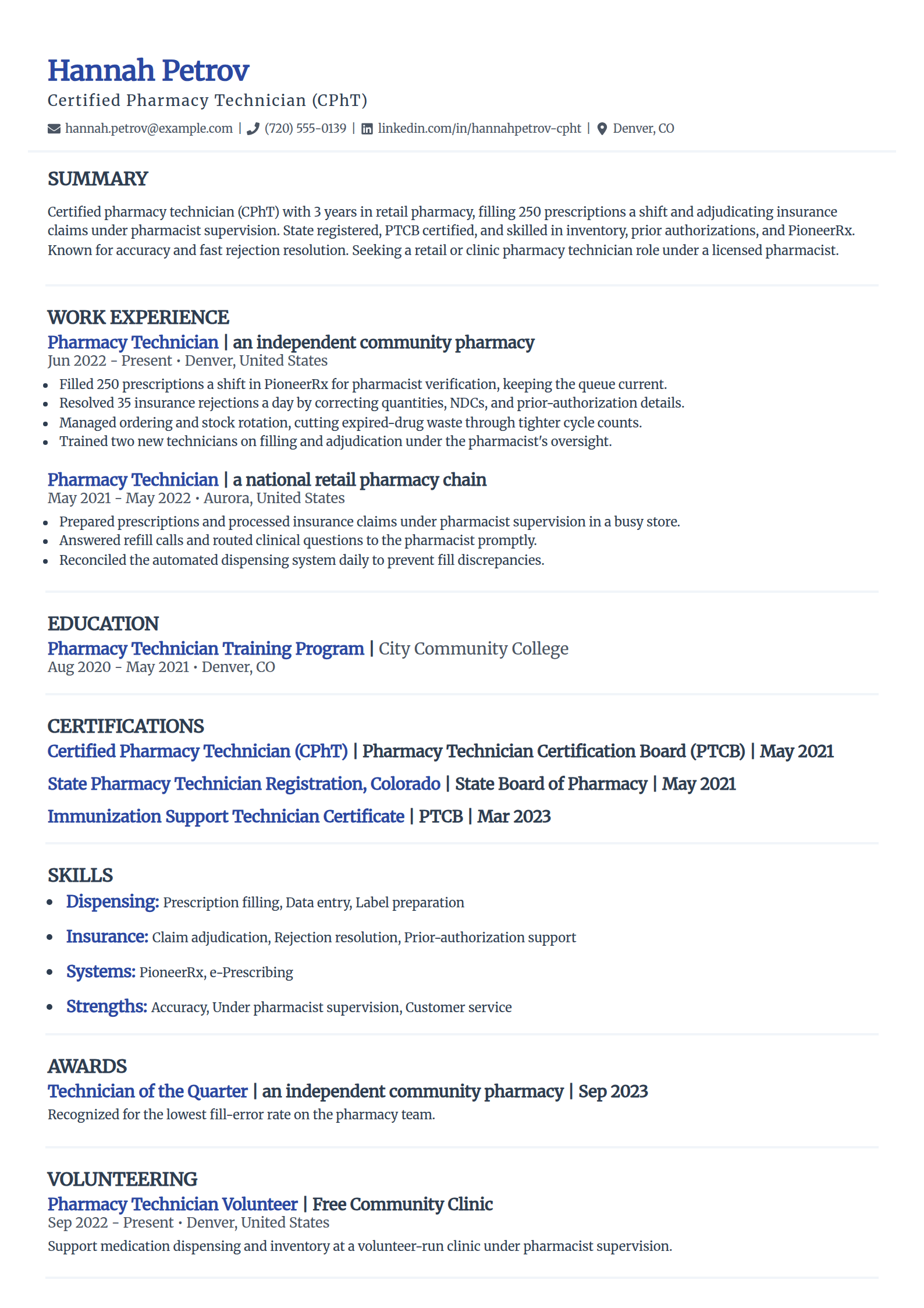 Certified pharmacy technician resume example in the Elegant template