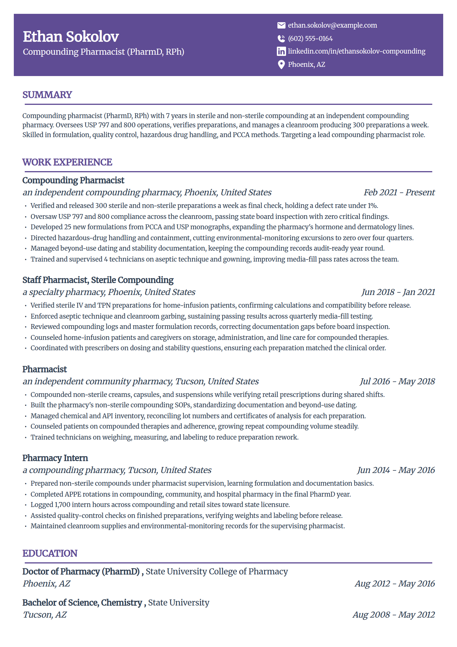 Compounding pharmacist resume example in the Panorama template