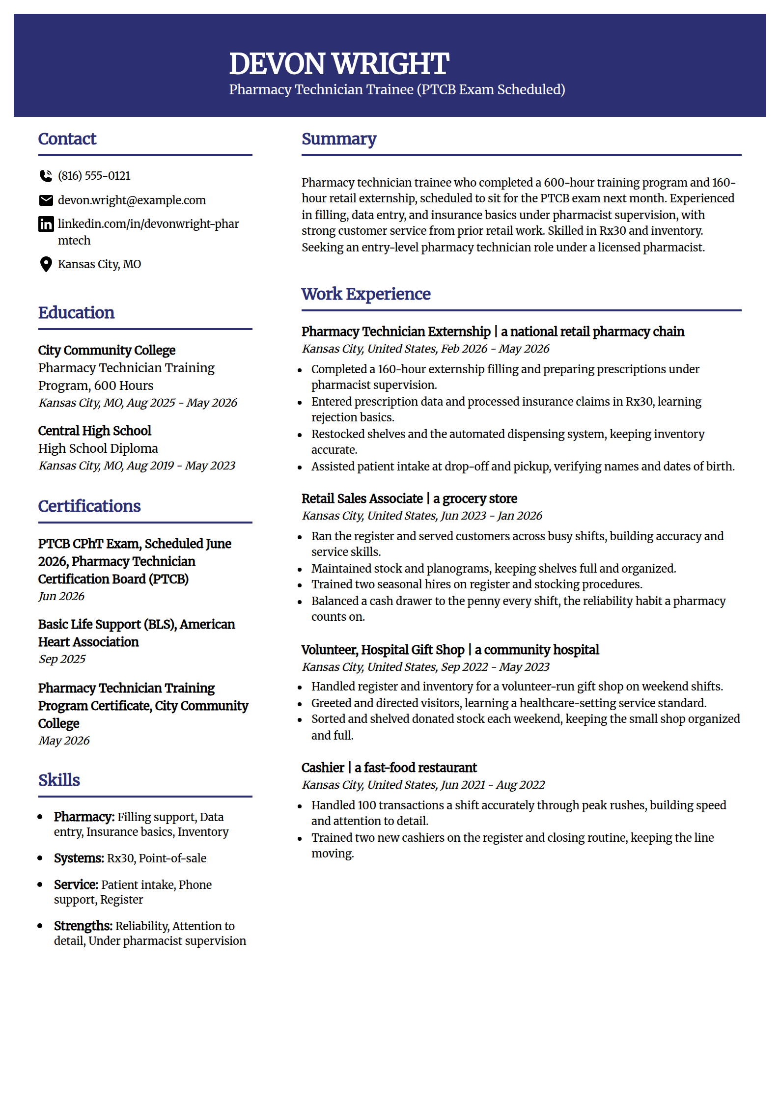 Entry-level pharmacy technician resume example in the Visionary template
