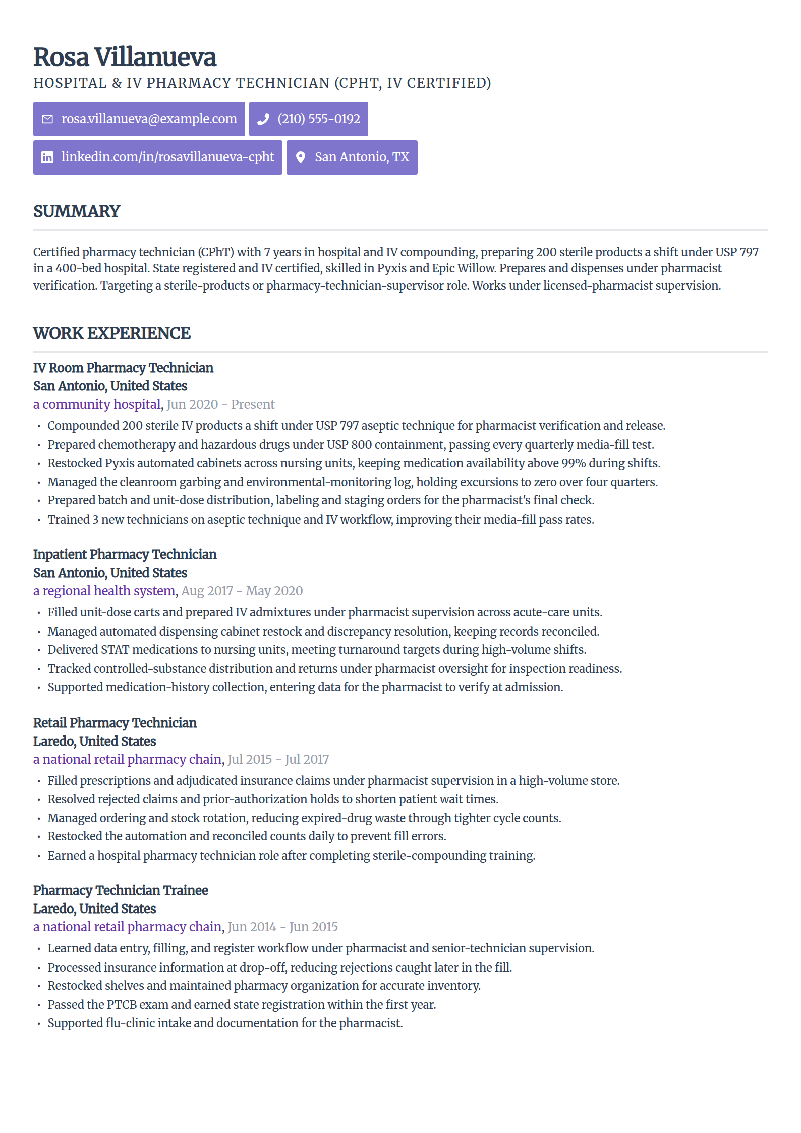 Hospital and IV pharmacy technician resume example in the Sleek Framework template
