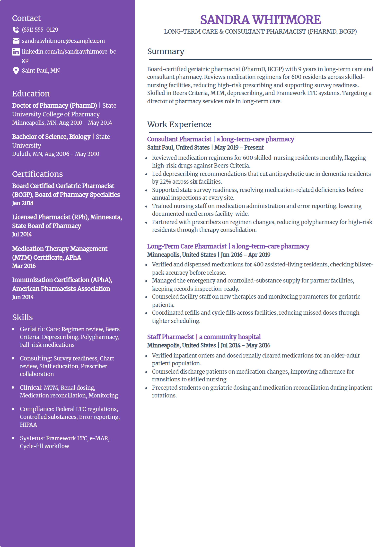 Long-term care consultant pharmacist resume example in the Pioneer template