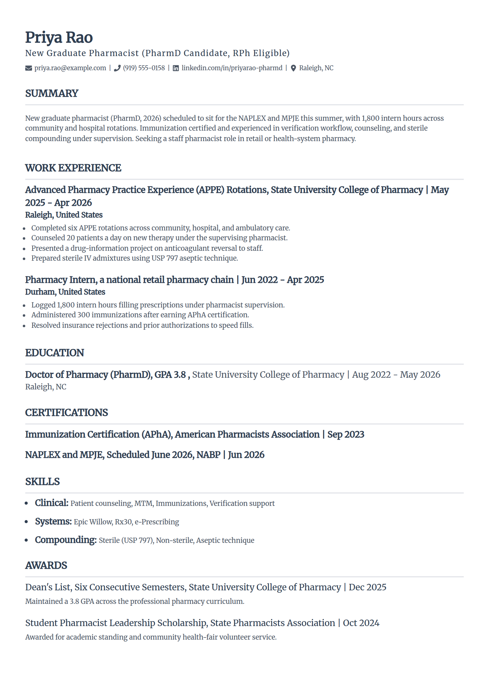 New graduate pharmacist resume example in the Classic template