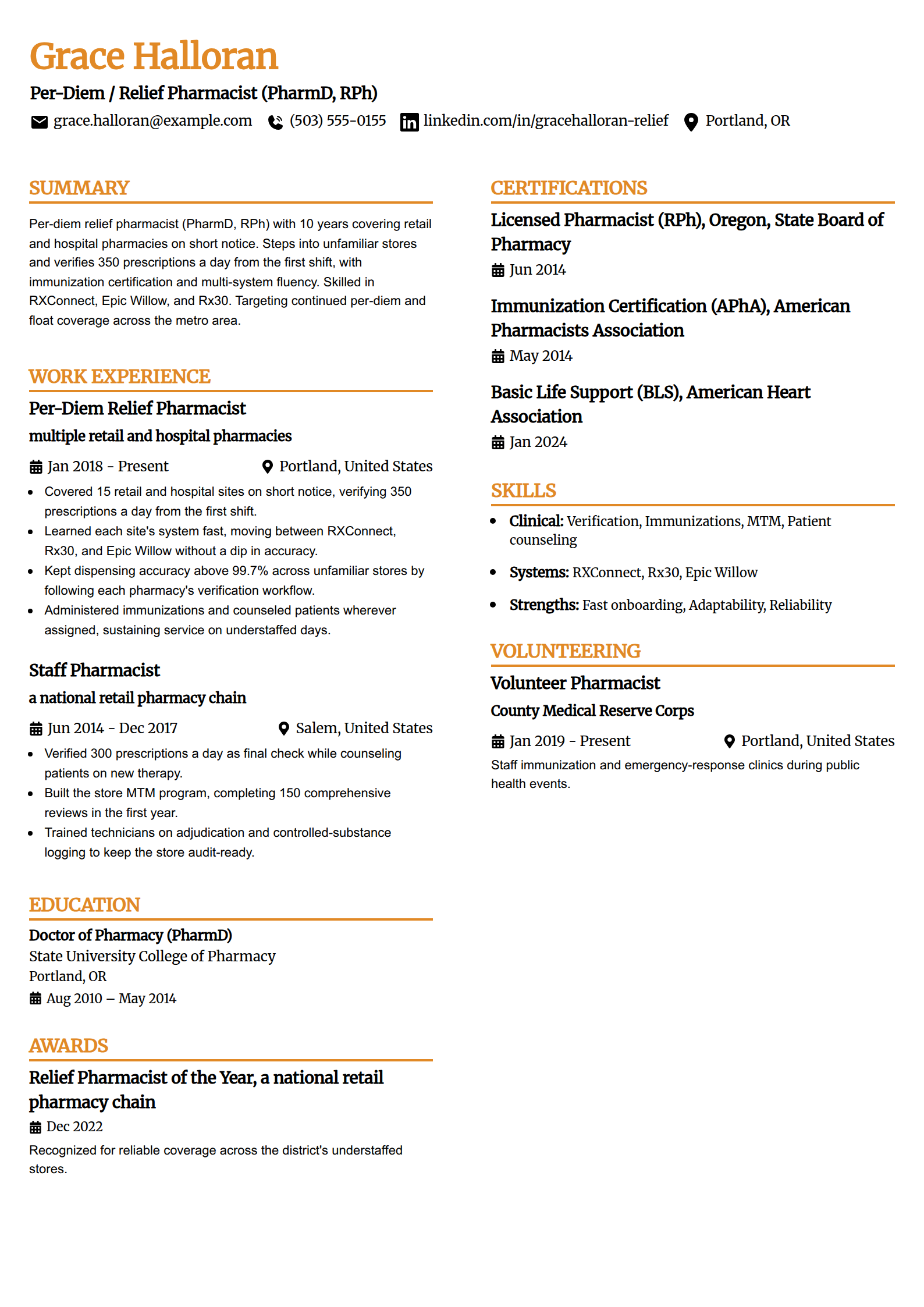 Per-diem relief pharmacist resume example in the Professional Edge template