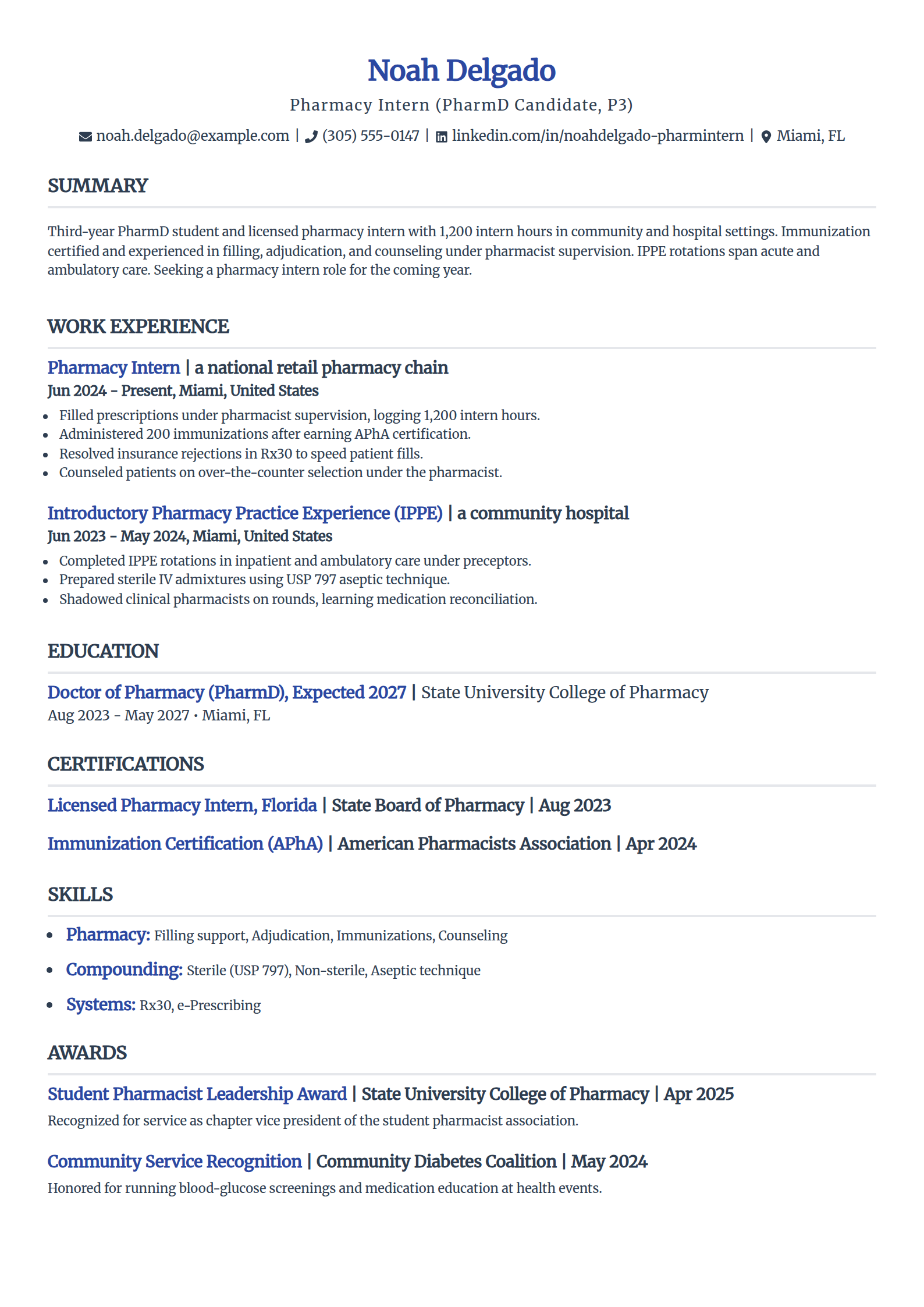 Pharmacy intern resume example in the Simple template