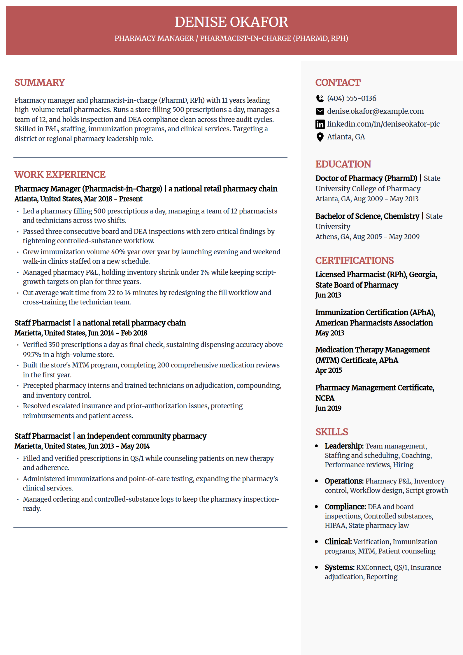 Pharmacy manager resume example in the Executive template
