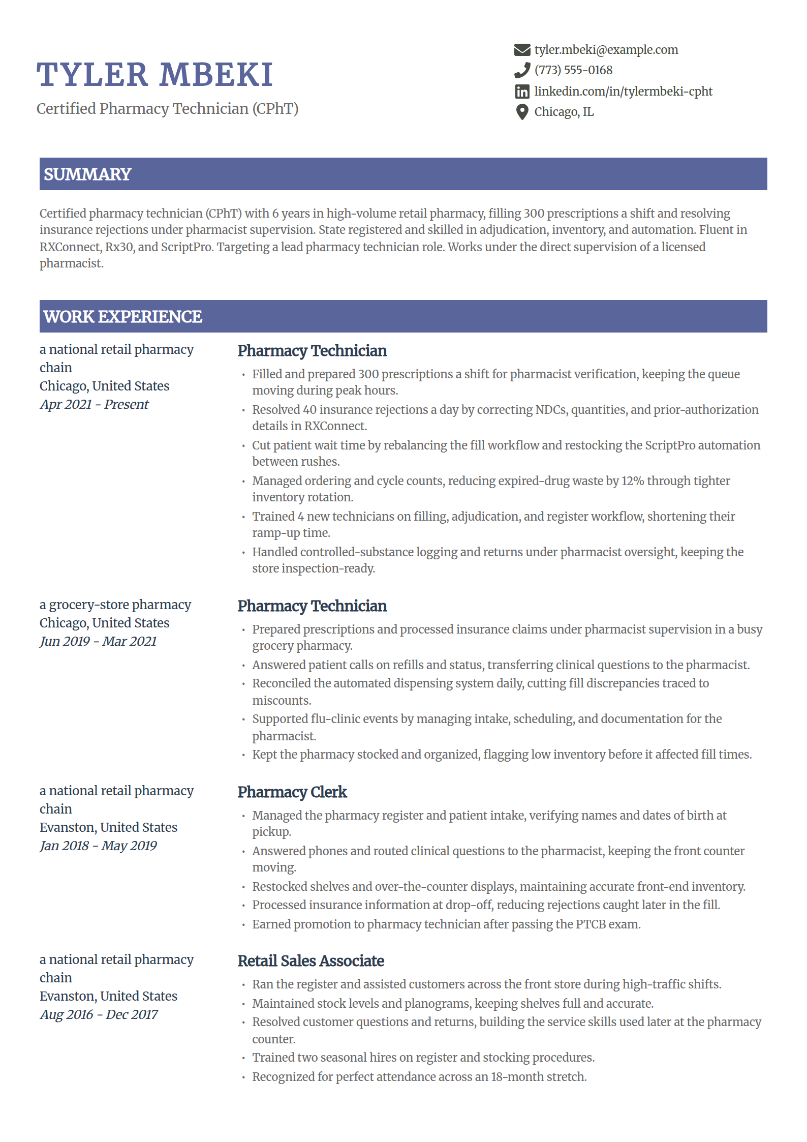 Retail pharmacy technician resume example in the Catalyst template