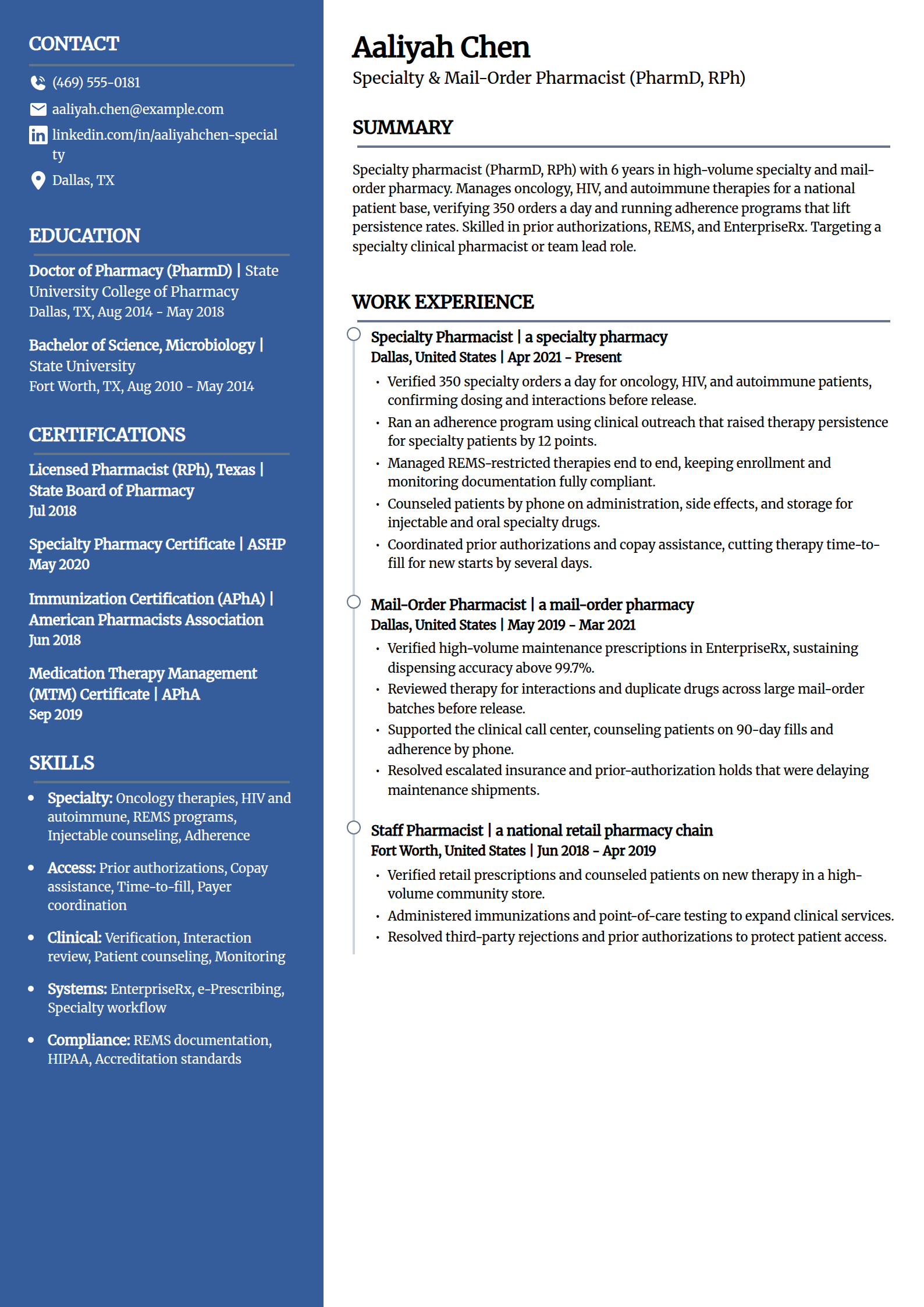 Specialty pharmacist resume example in the Creative template