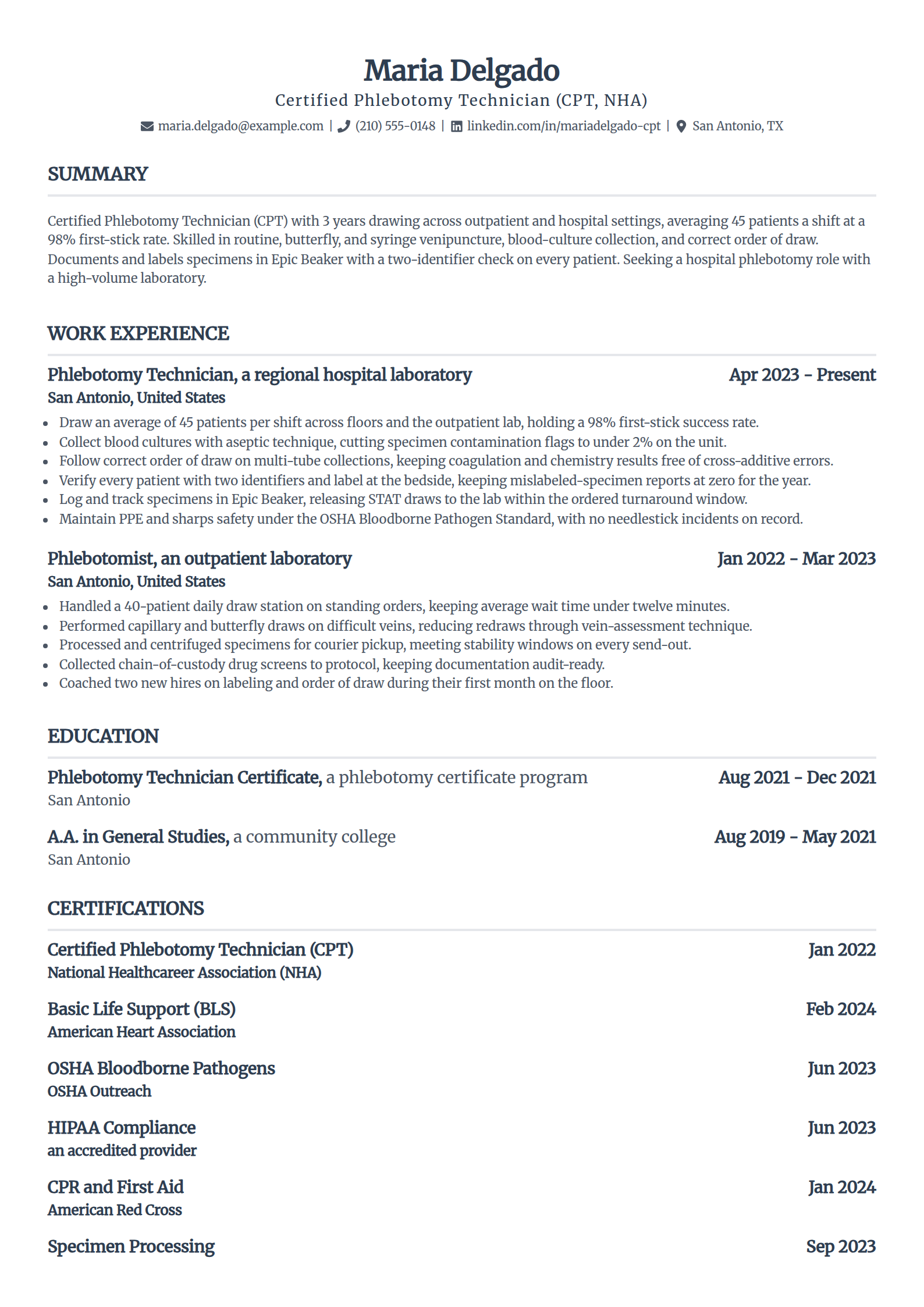 Certified Phlebotomy Technician resume example in the Standard template