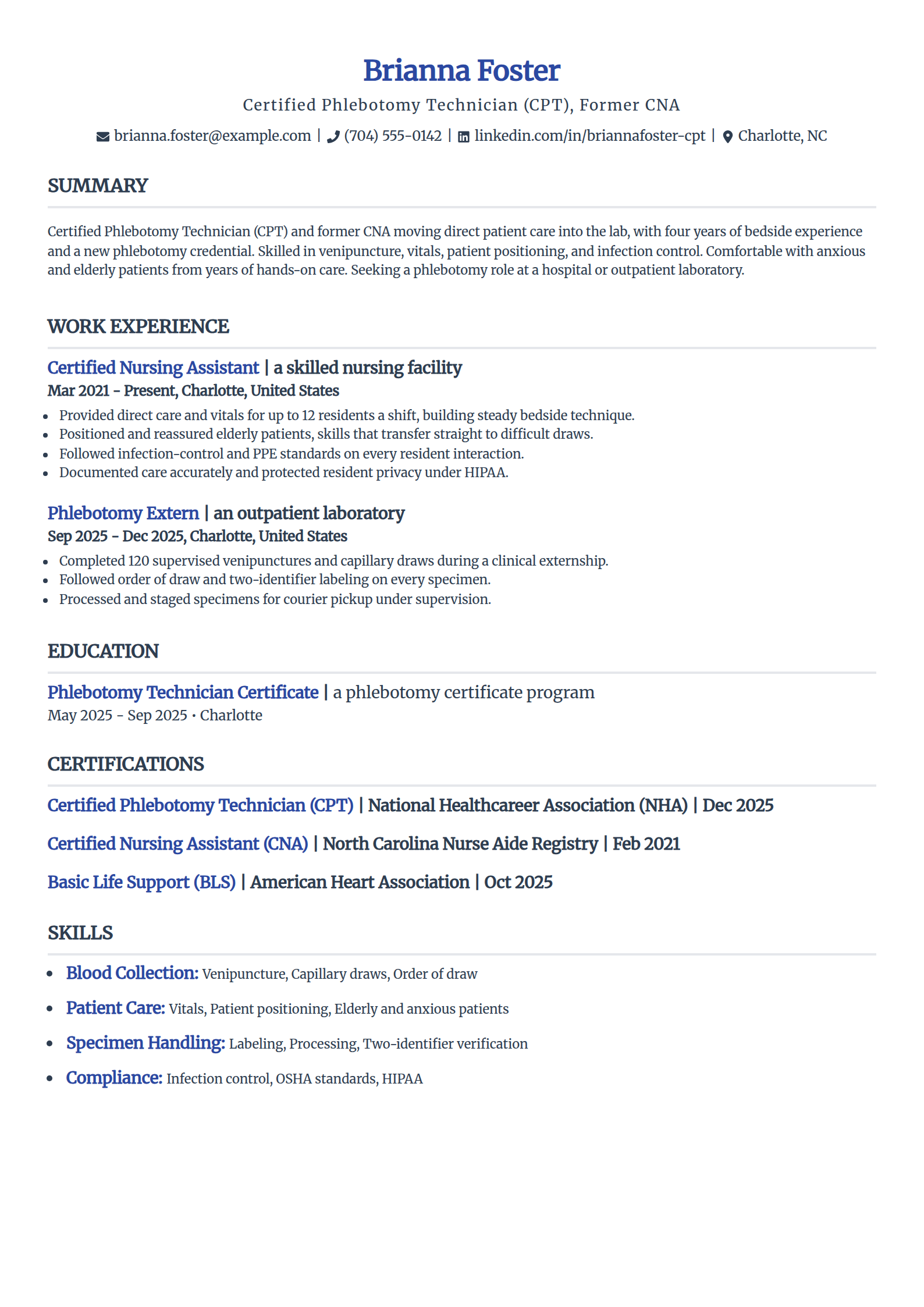CNA to Phlebotomist career changer resume example in the Simple template