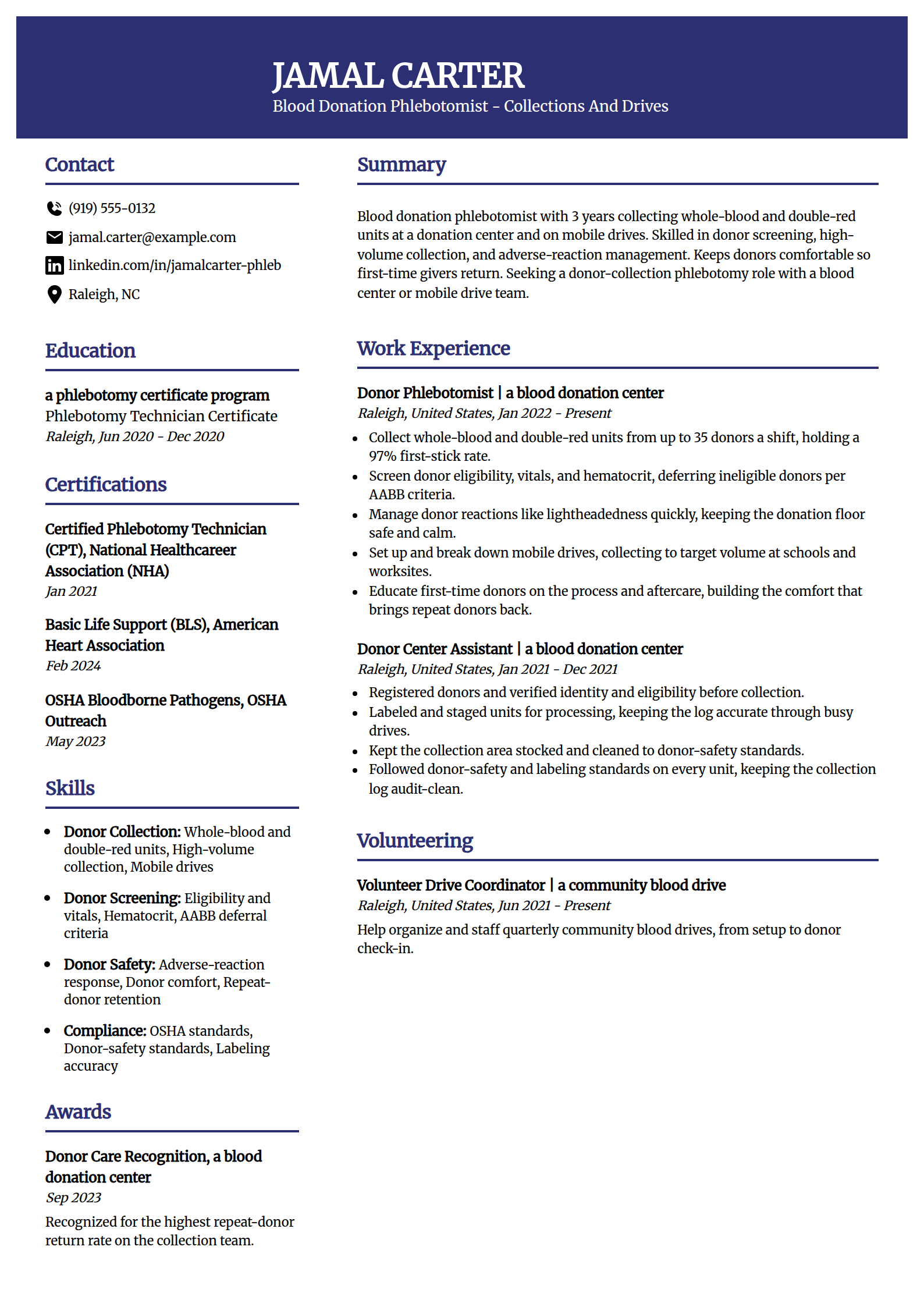Blood Donation Center Phlebotomist resume example in the Visionary template