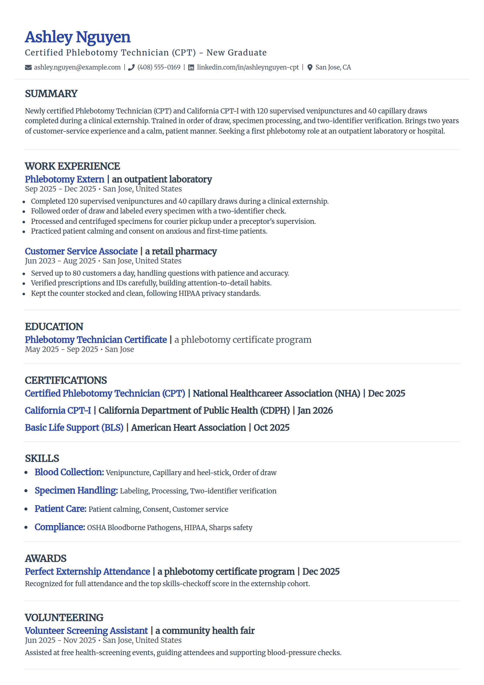 Entry-Level No-Experience Phlebotomist resume example in the Elegant template