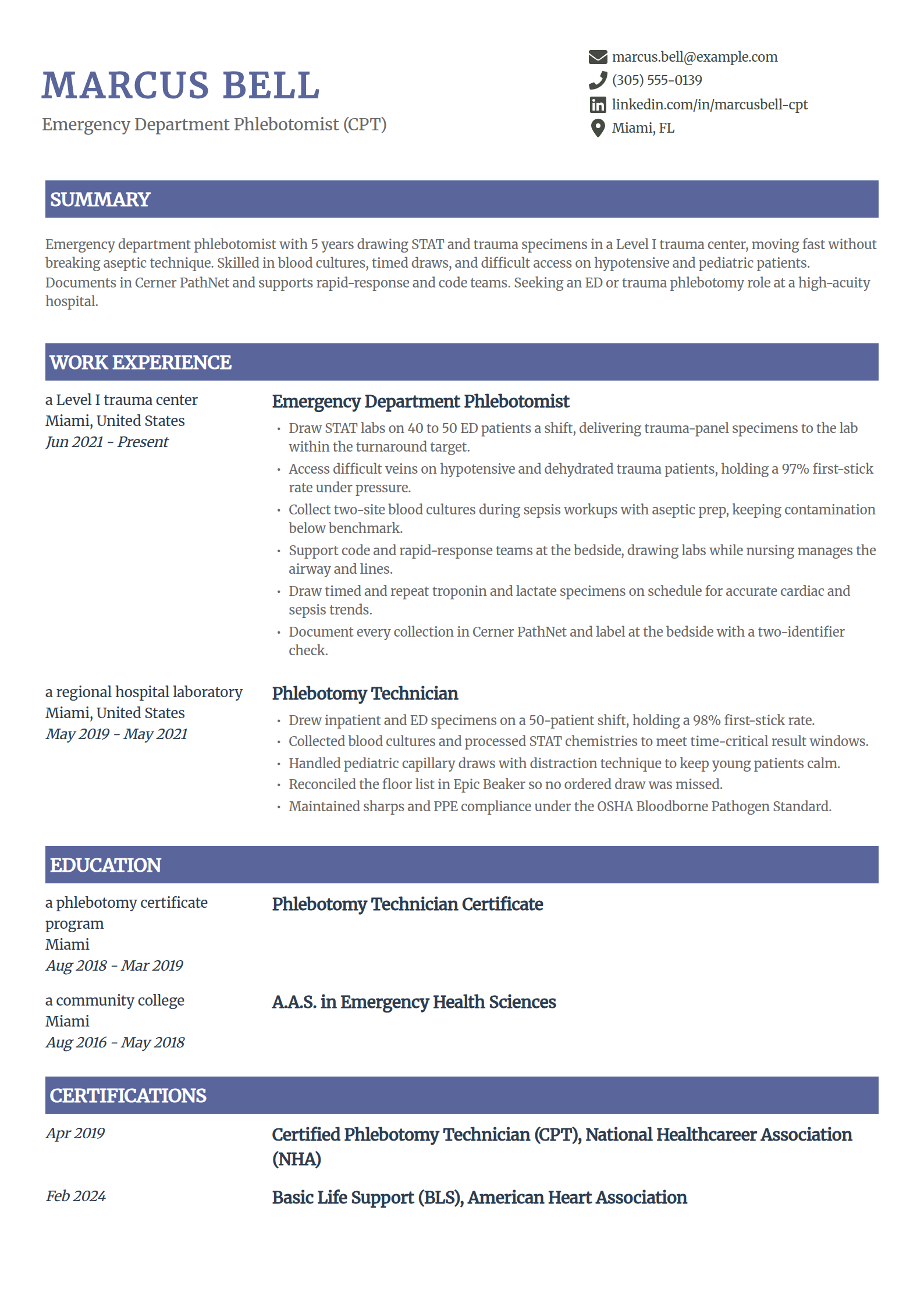 ER Trauma Phlebotomist resume example in the Catalyst template