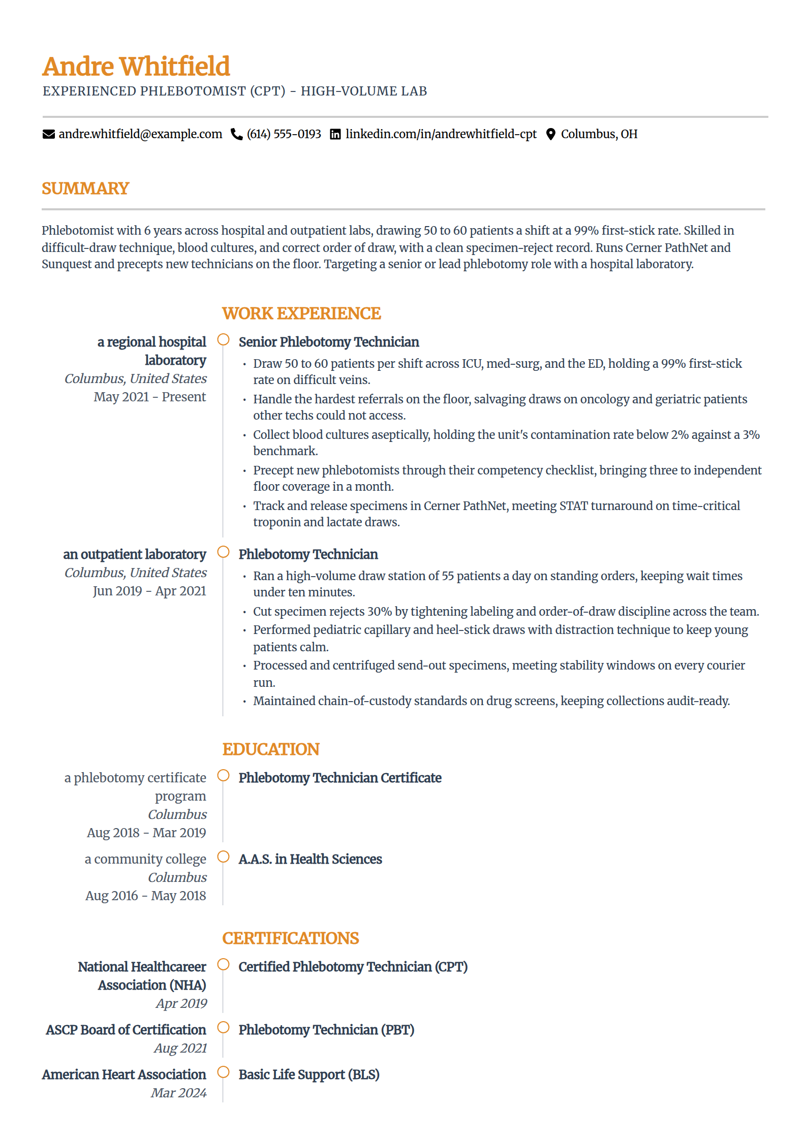 Experienced Phlebotomist resume example in the Zenith template