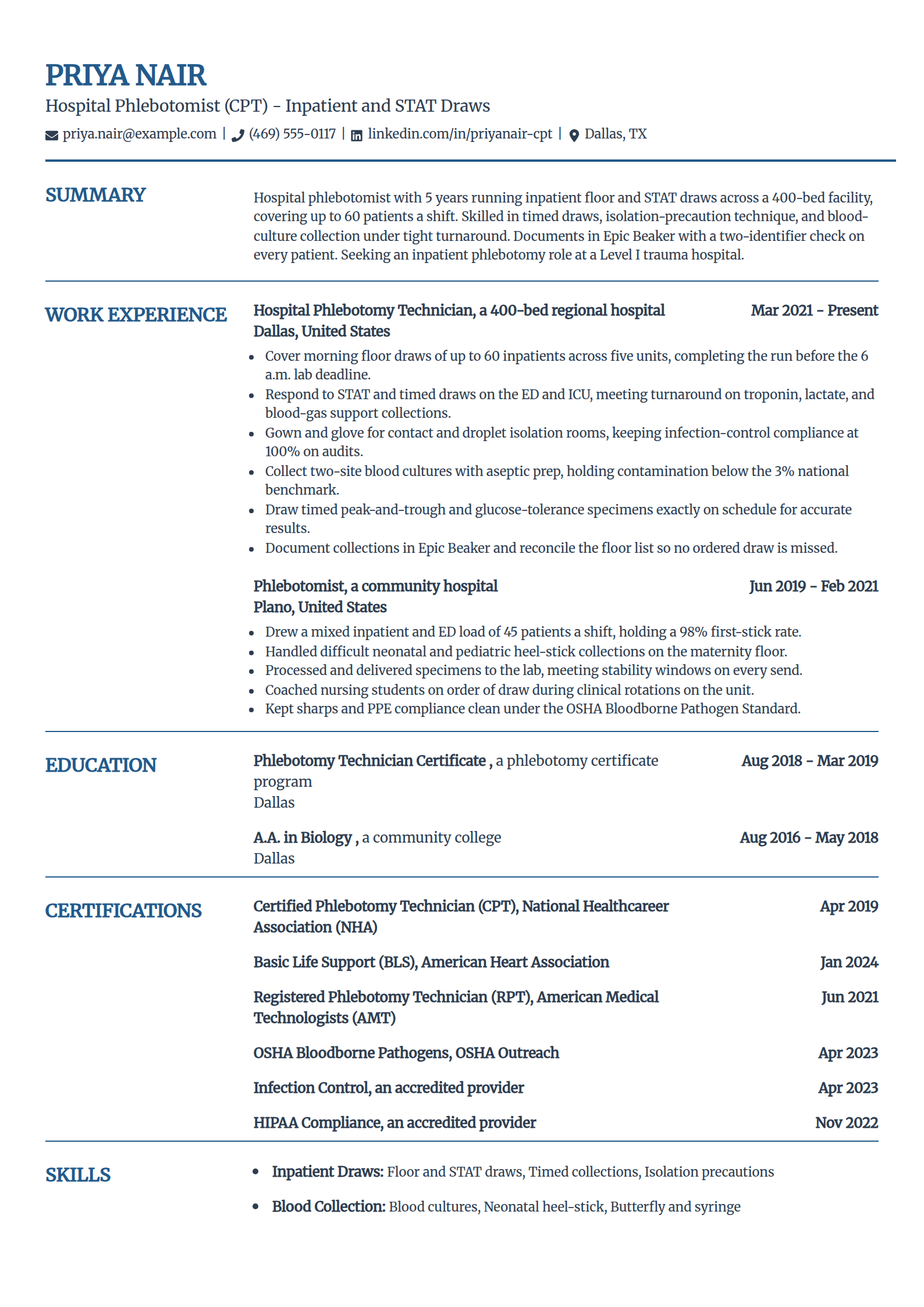 Hospital Inpatient Phlebotomist resume example in the Craft template