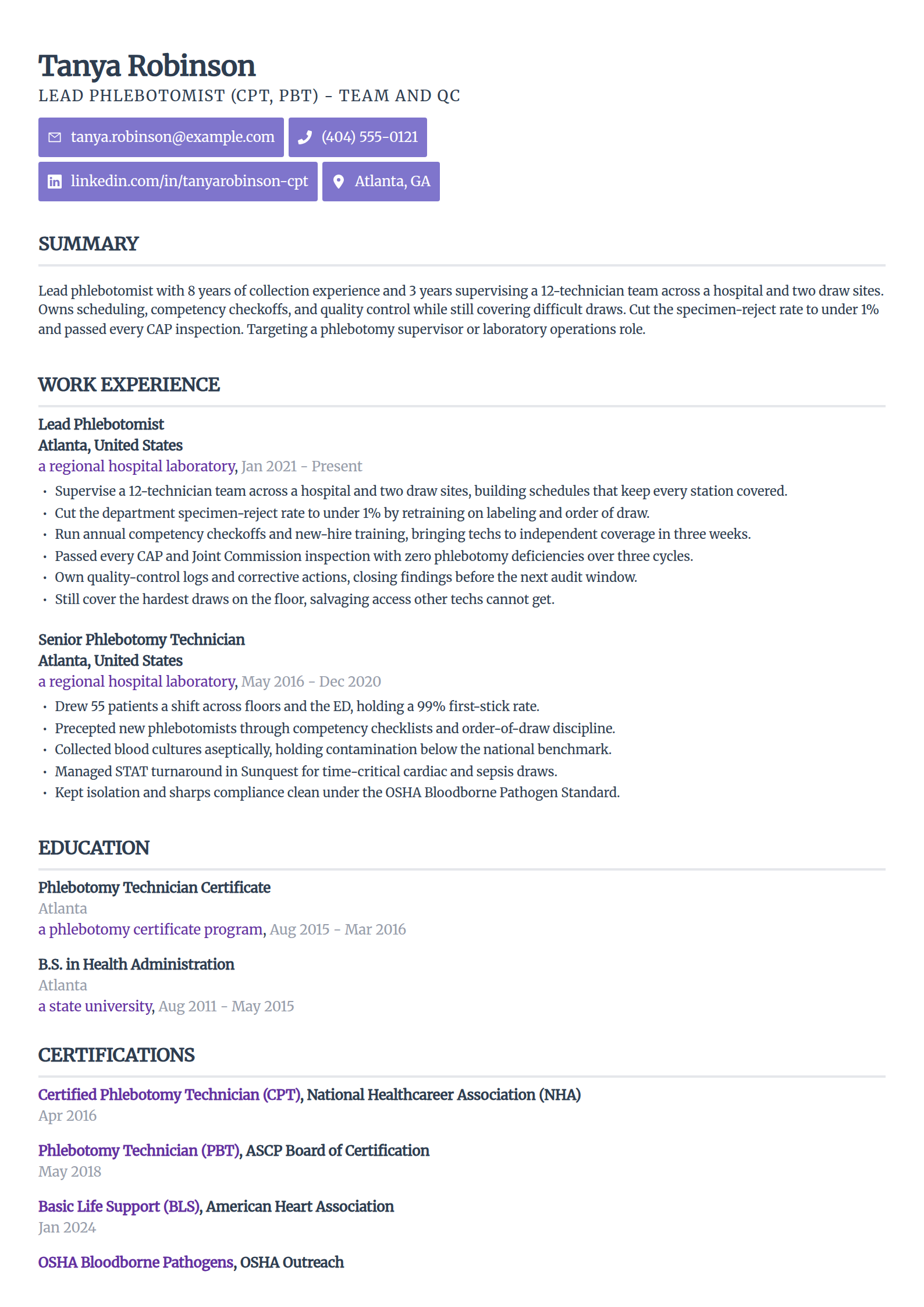 Lead Phlebotomist resume example in the Sleek Framework template