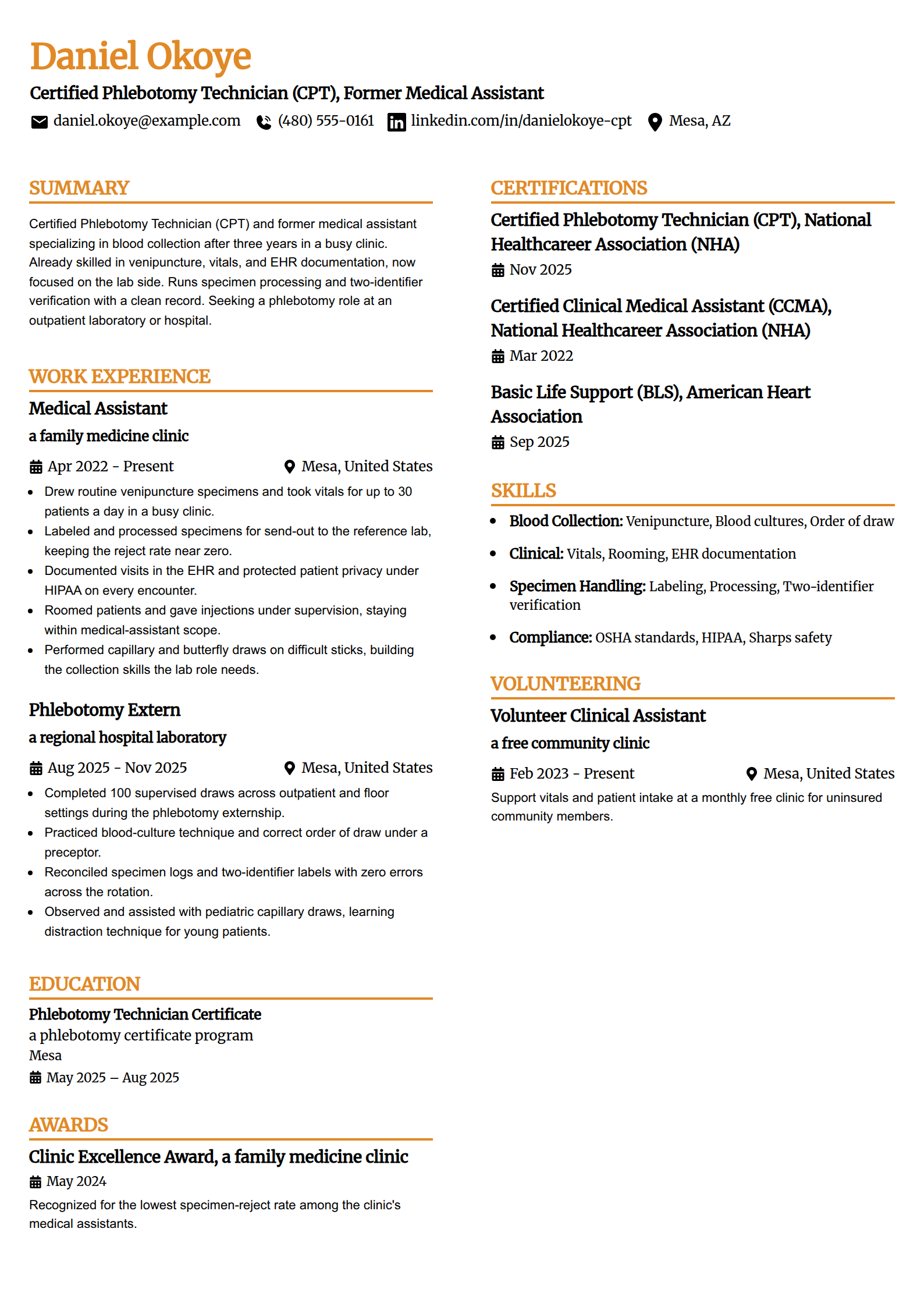 Medical Assistant to Phlebotomist resume example in the Professional Edge template