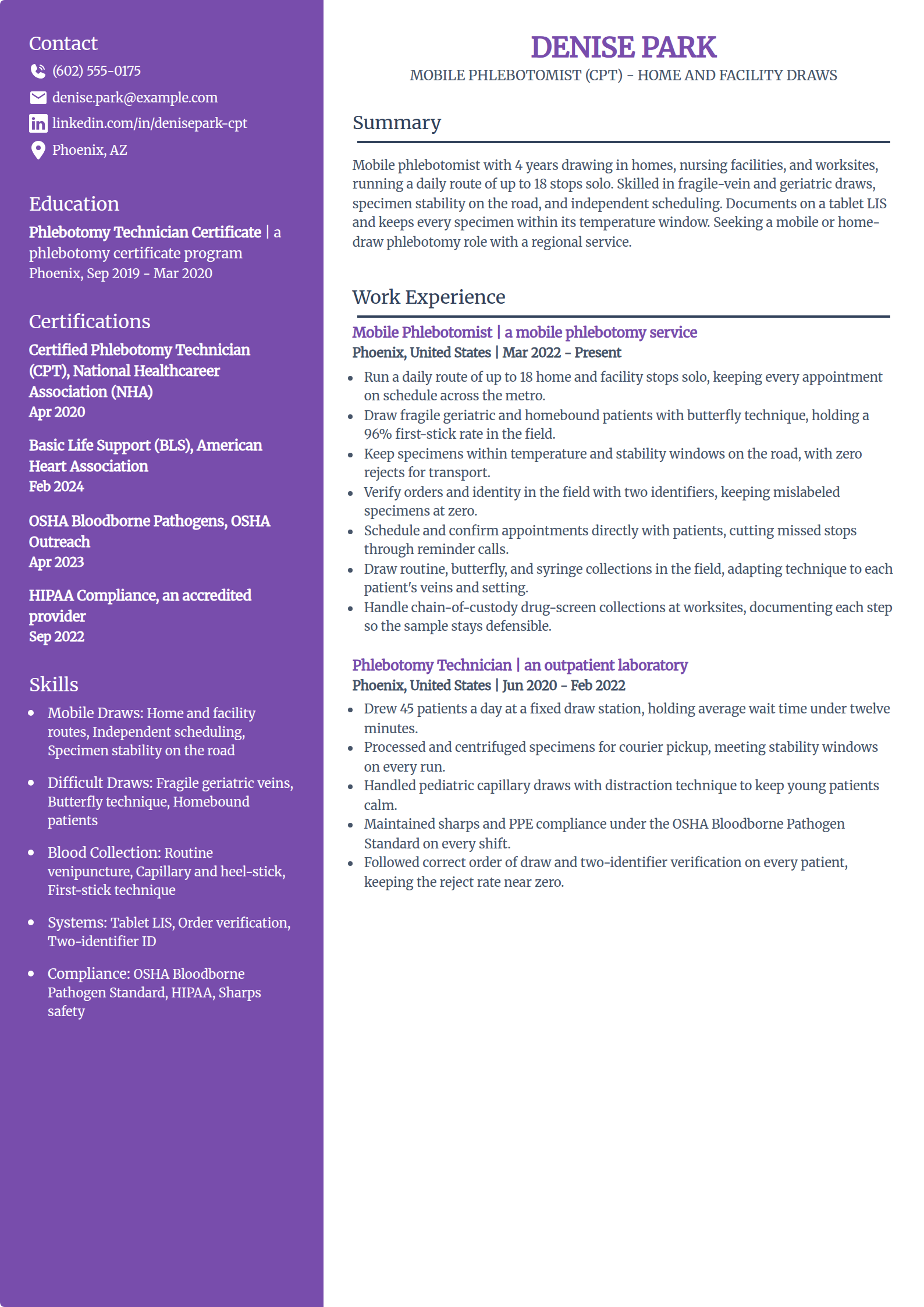 Mobile Floating Phlebotomist resume example in the Pioneer template