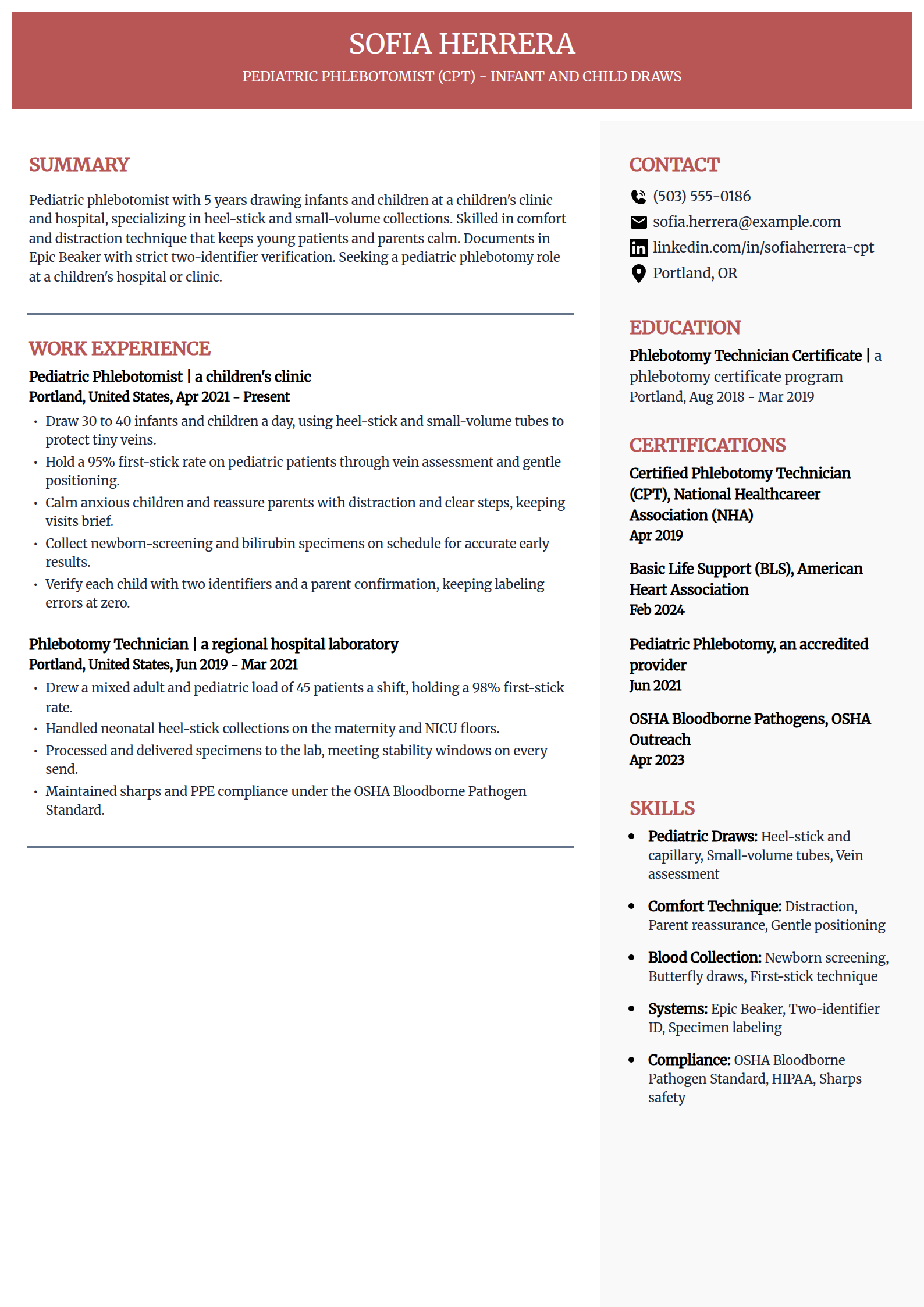 Pediatric Phlebotomist resume example in the Executive template