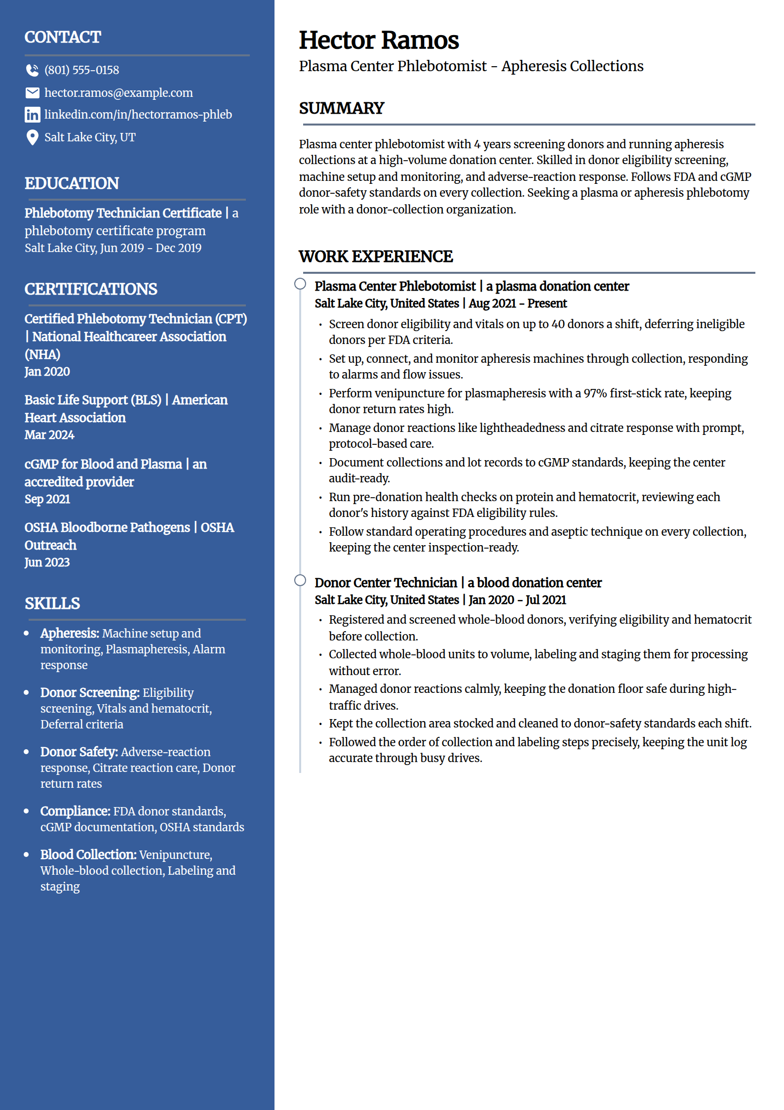 Plasma Apheresis Phlebotomist resume example in the Creative template