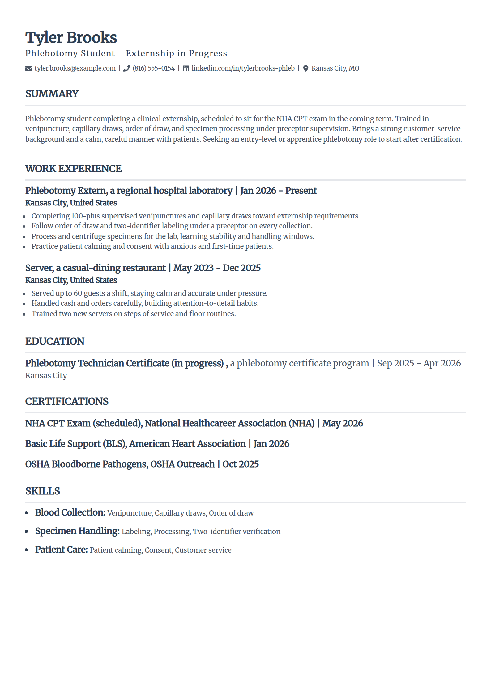 Phlebotomy Student Externship resume example in the Classic template