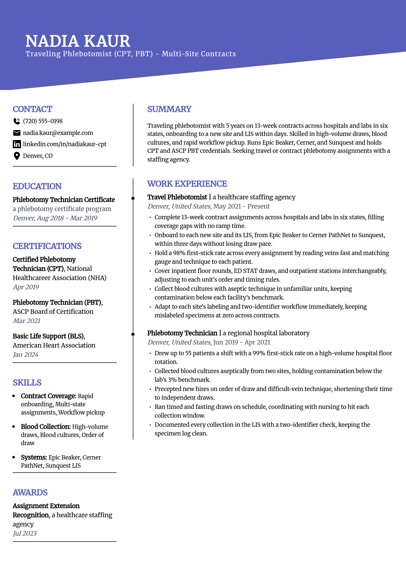 Traveling Contract Phlebotomist resume example in the Orbit template