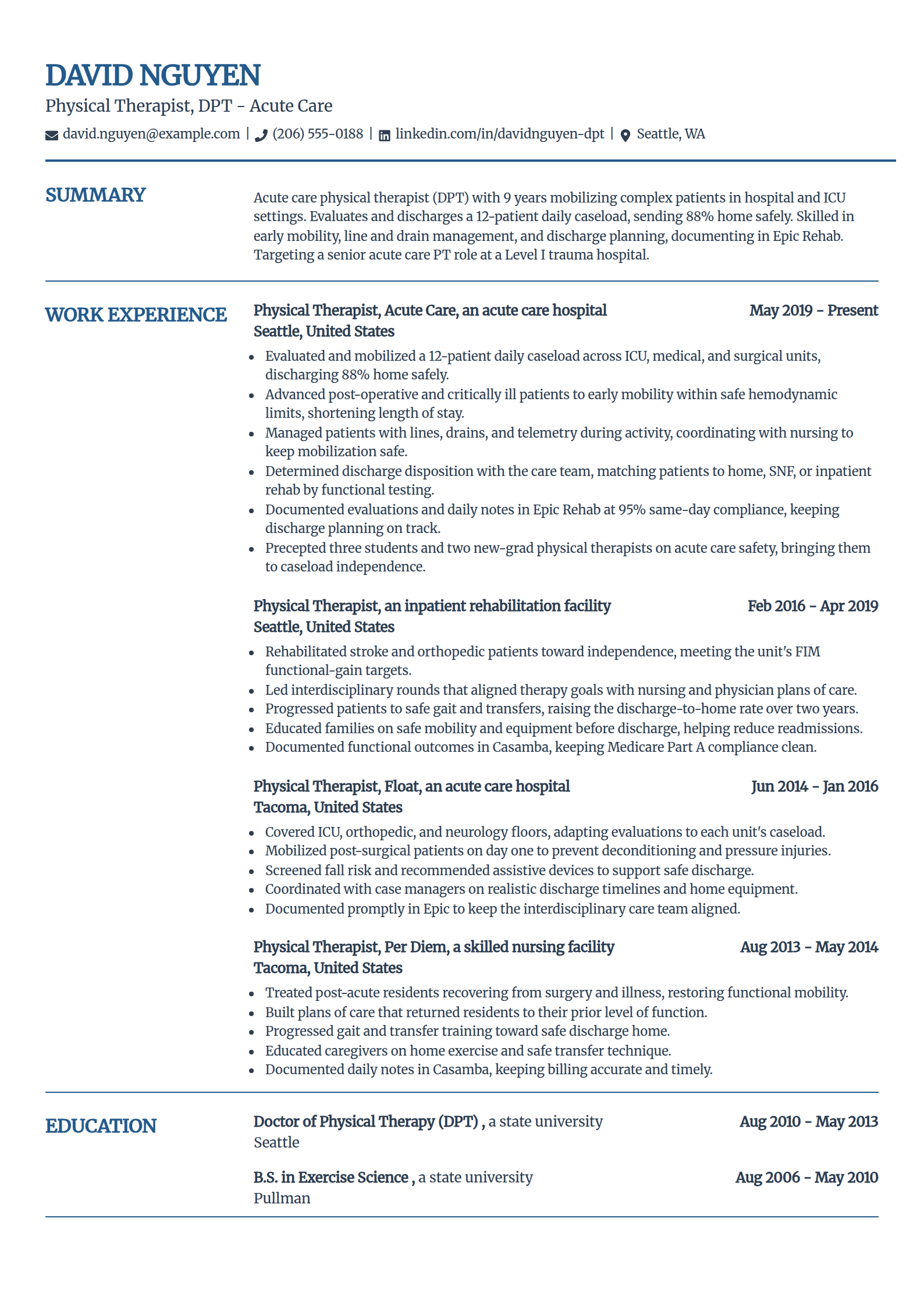 Acute Care Physical Therapist resume example in the Craft template