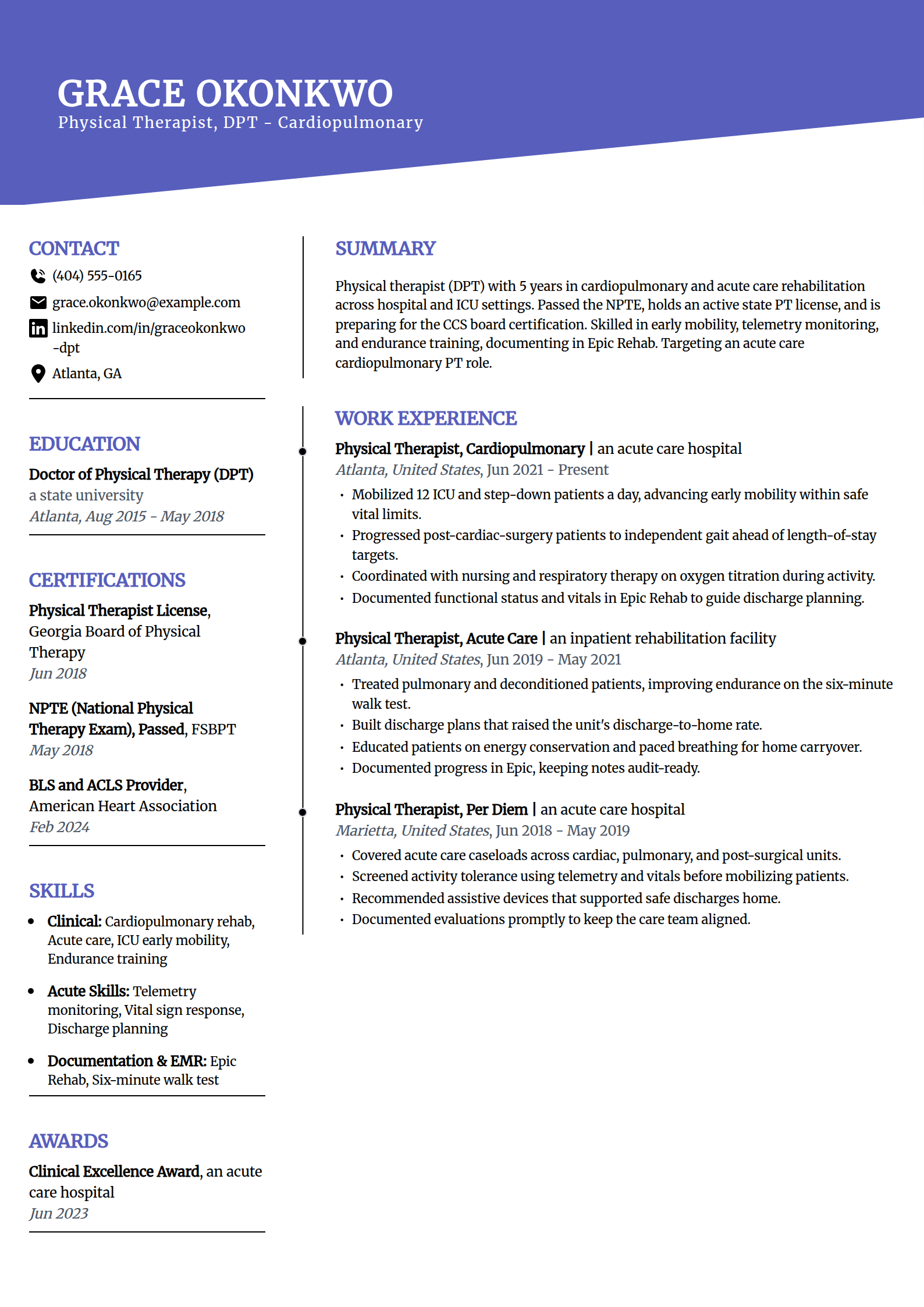 Cardiopulmonary Physical Therapist resume example in the Orbit template