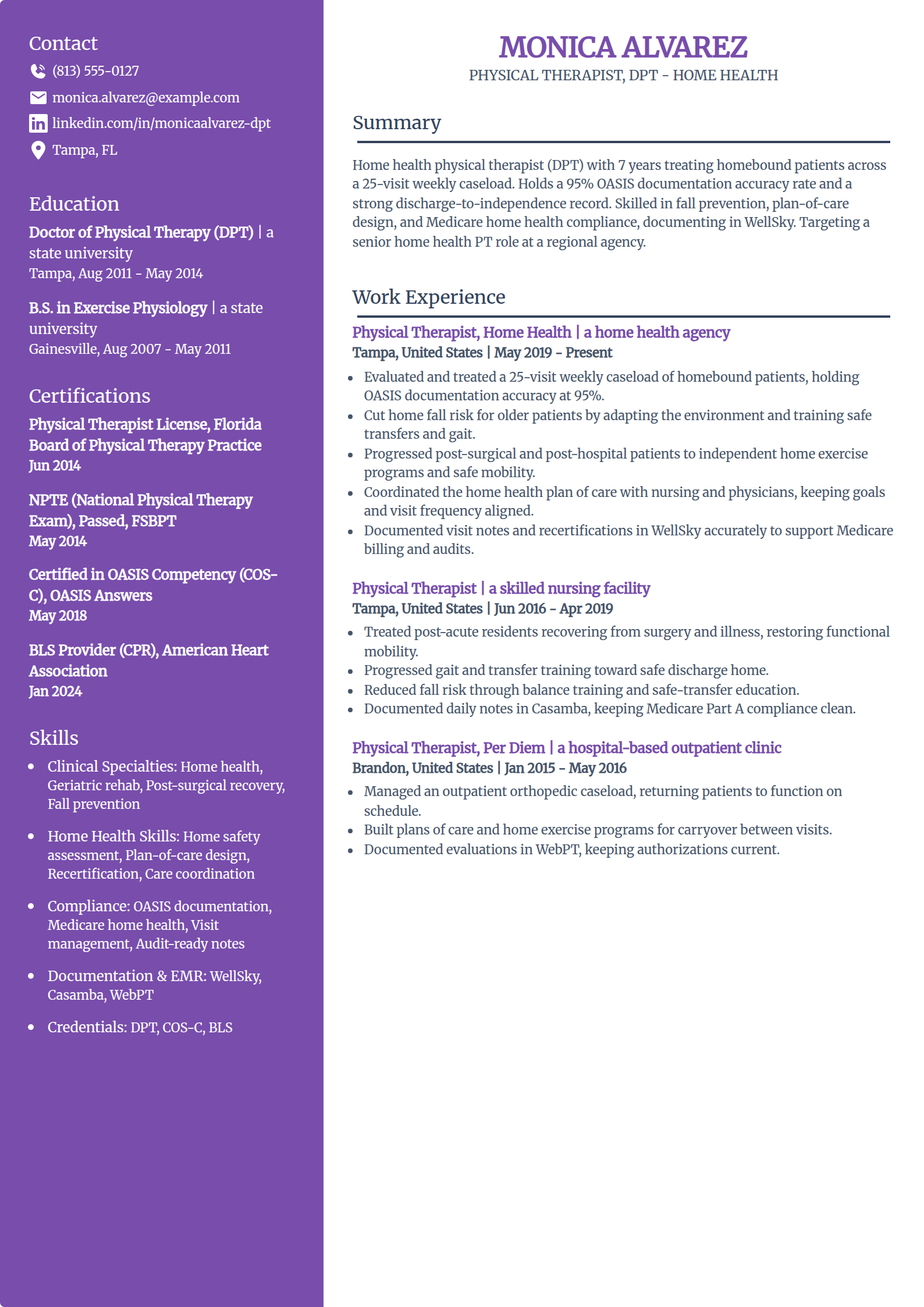 Home Health Physical Therapist resume example in the Pioneer template