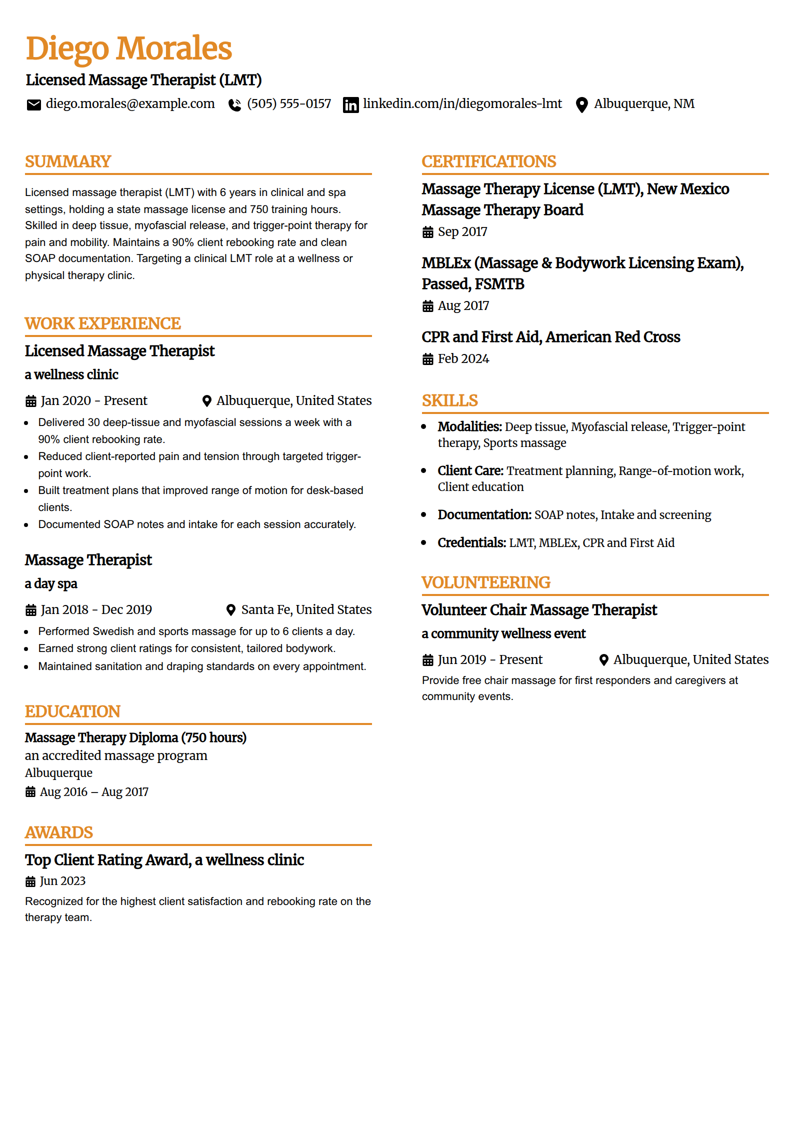 Licensed Massage Therapist resume example in the Professional Edge template