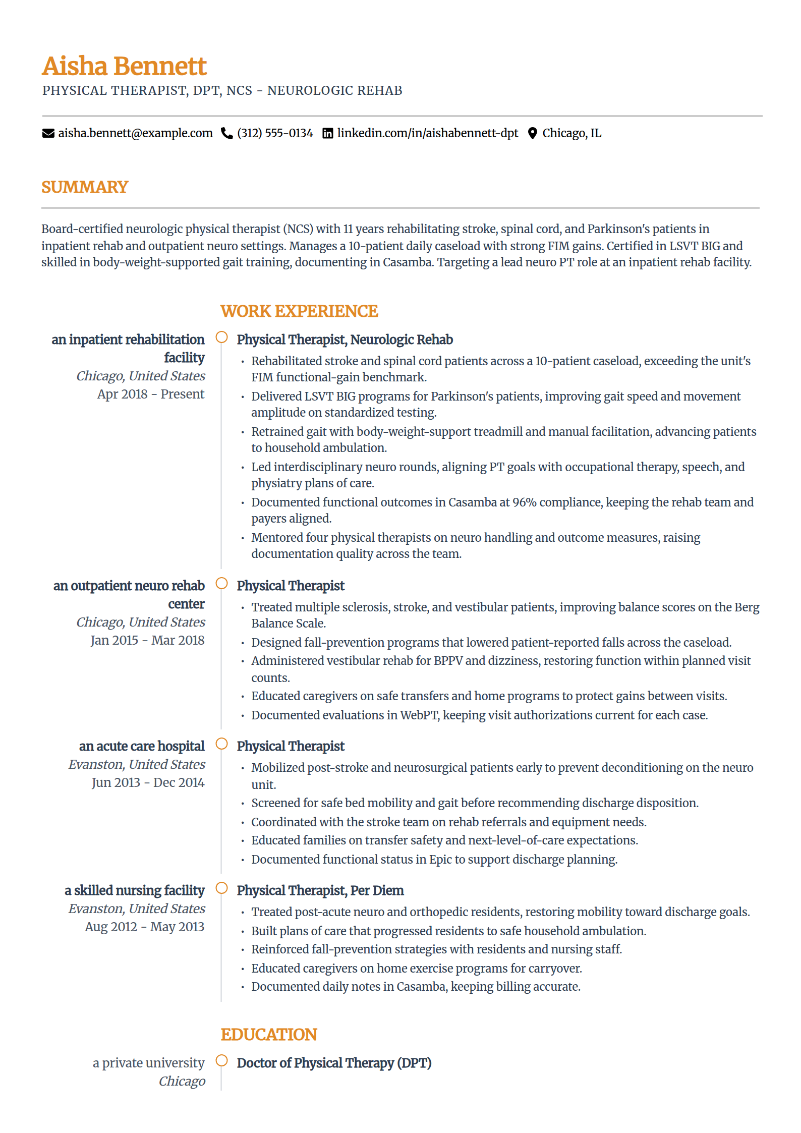 Neurologic Rehab Physical Therapist resume example in the Zenith template