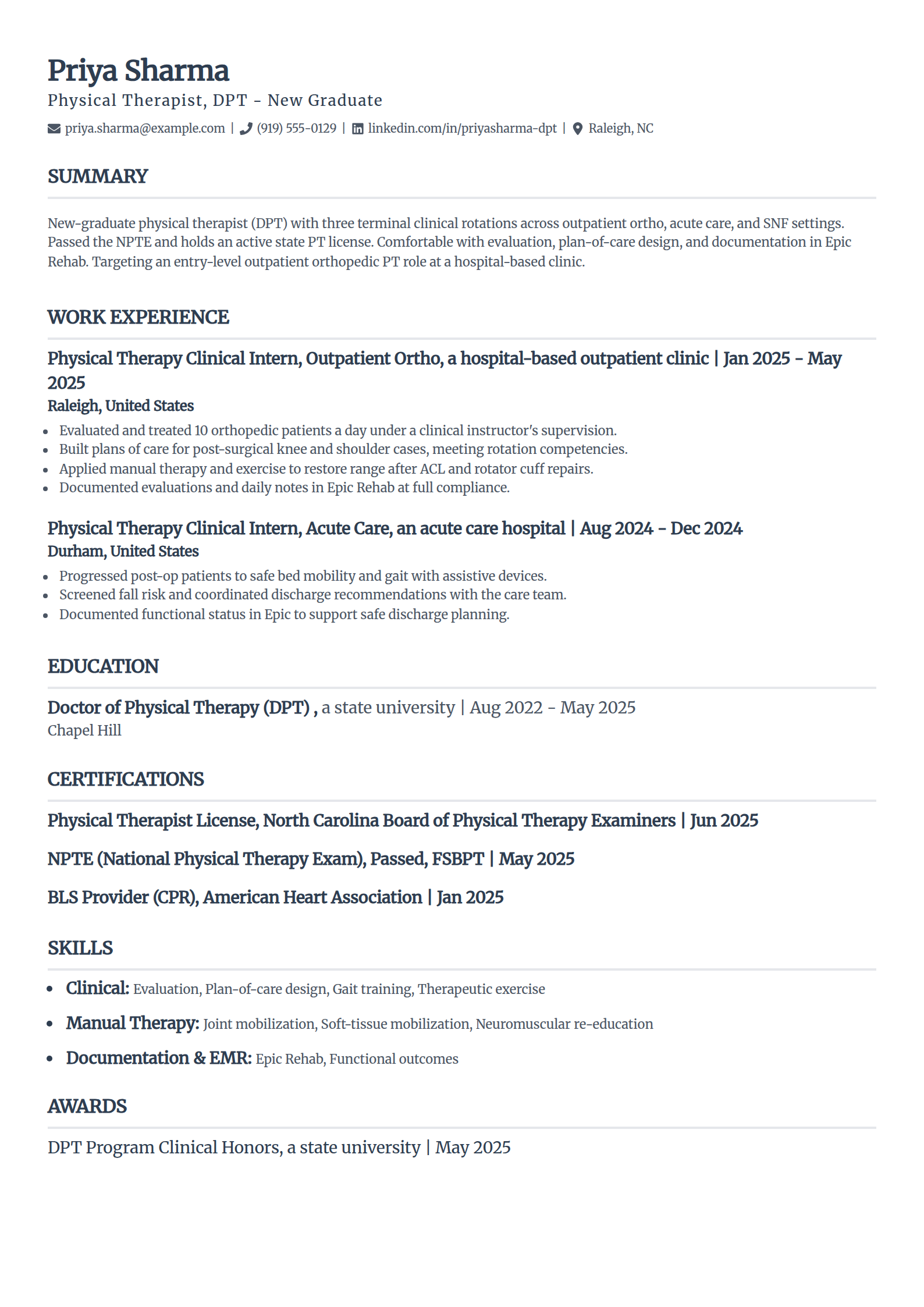 New Grad DPT Physical Therapist resume example in the Classic template