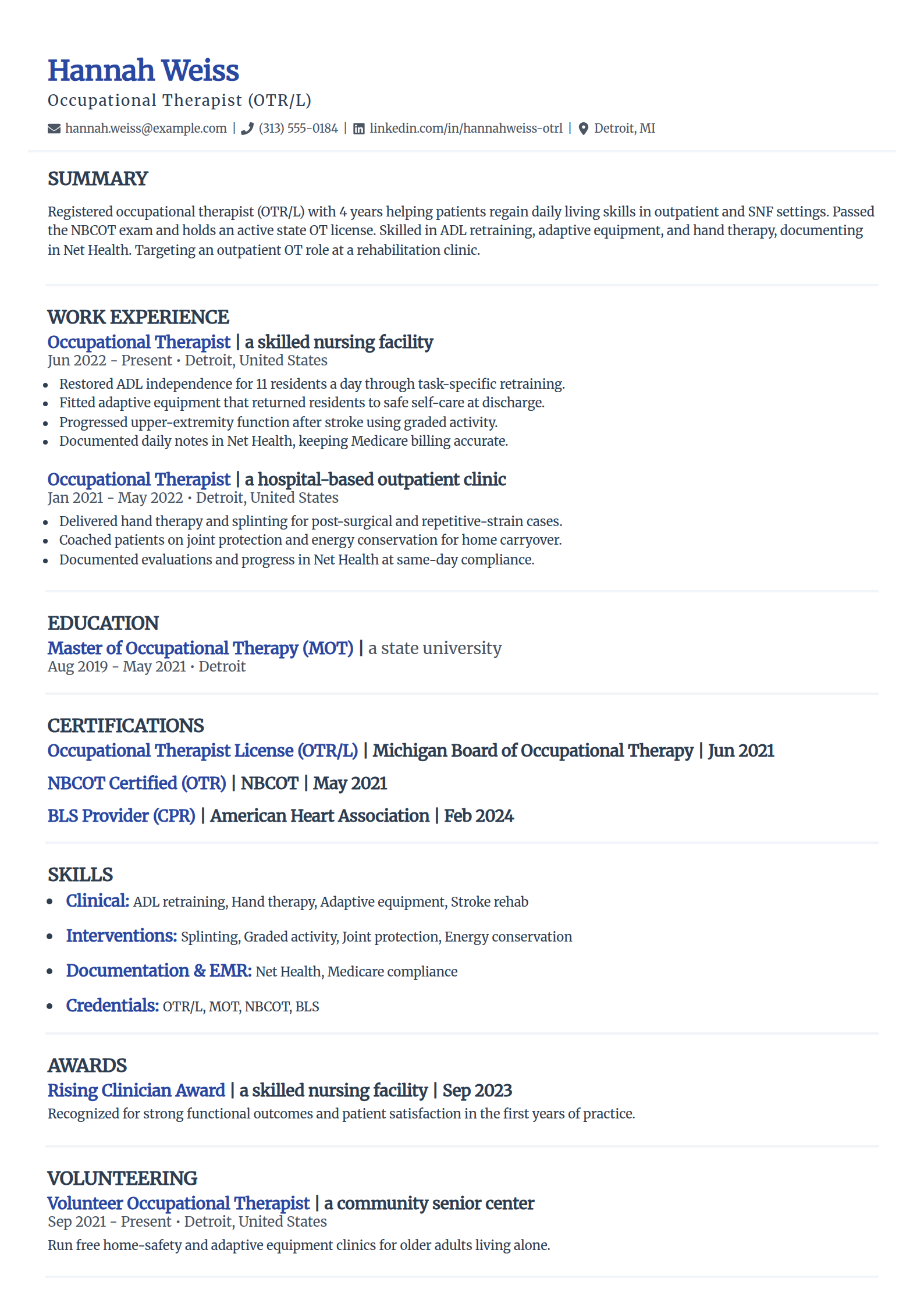 Occupational Therapist resume example in the Elegant template