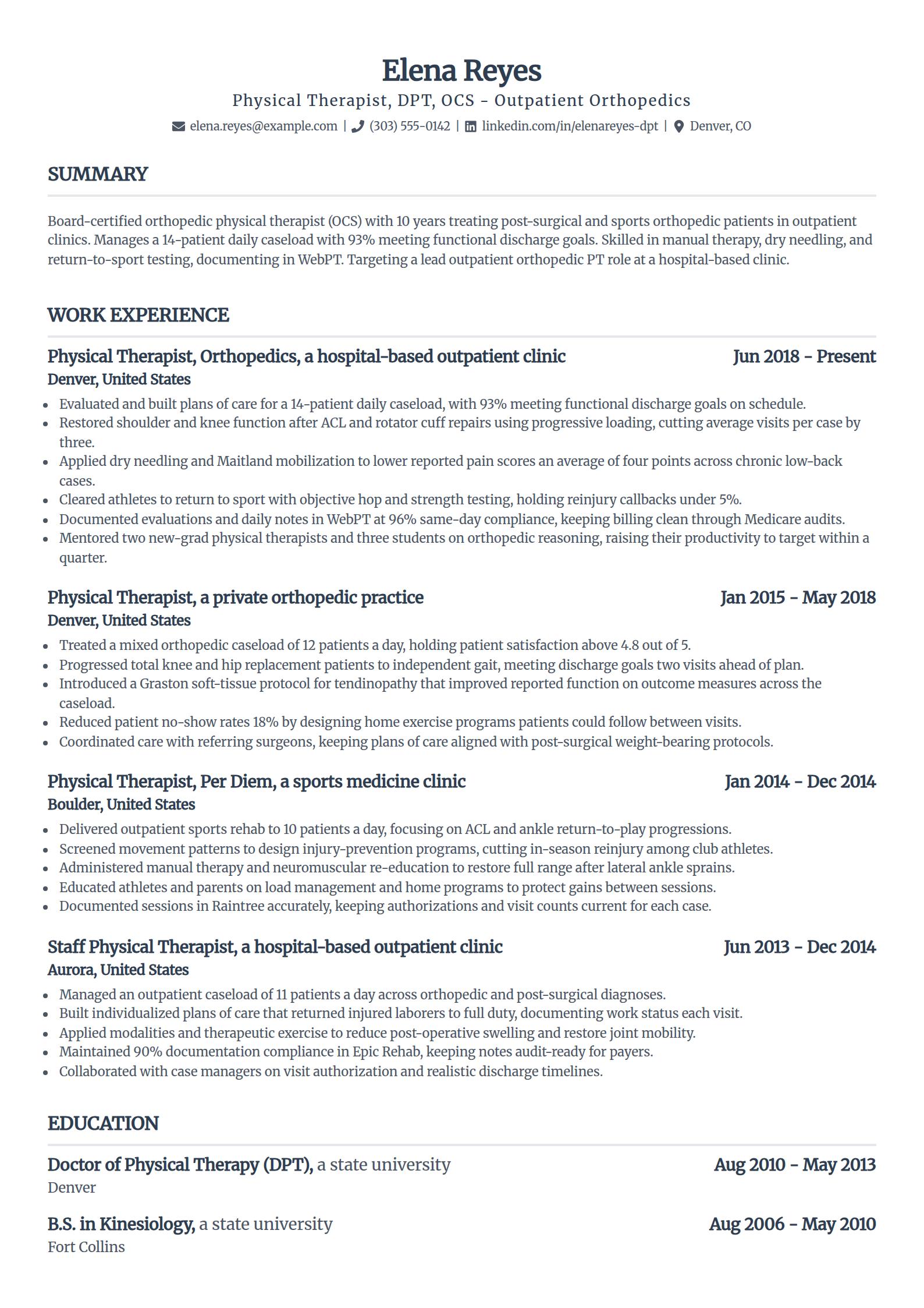 Outpatient Orthopedic Physical Therapist resume example in the Standard template