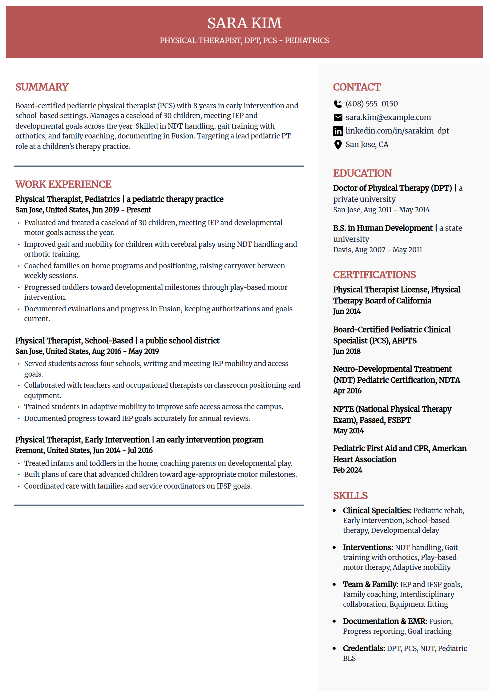 Pediatric Physical Therapist resume example in the Executive template