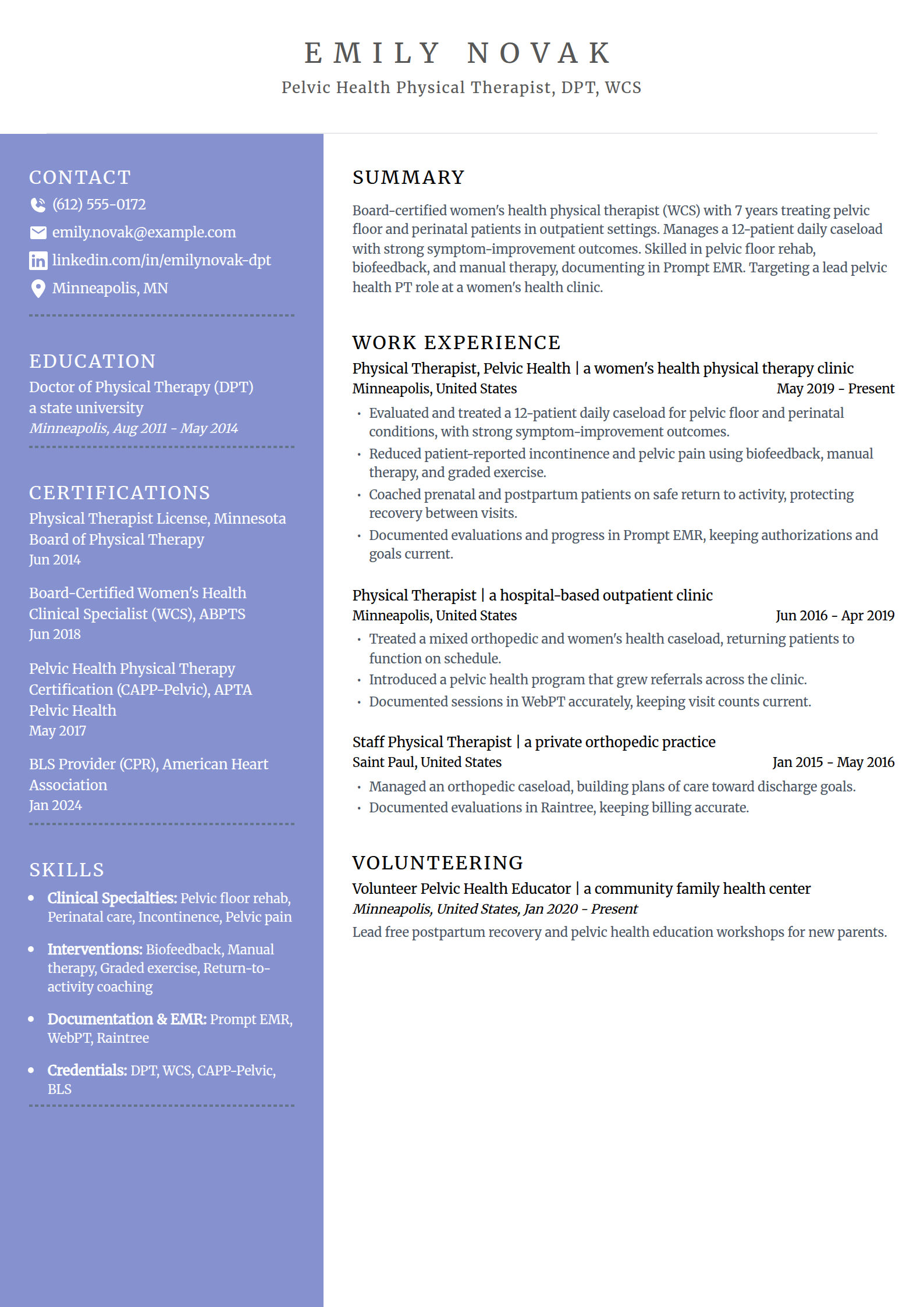Women's Health Pelvic Physical Therapist resume example in the Luminary template