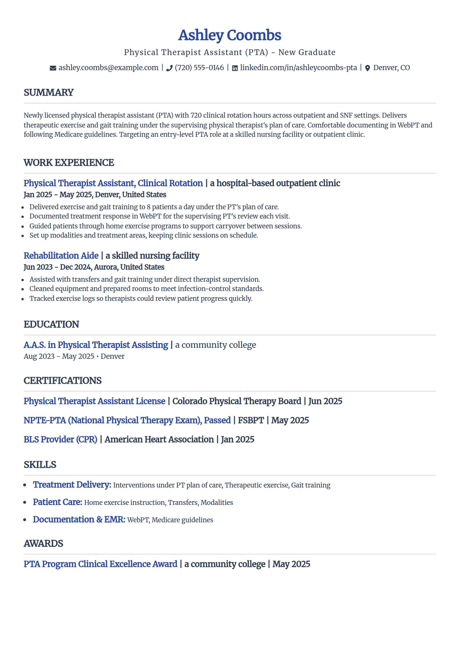 Entry-Level Physical Therapist Assistant resume example in the Simple template